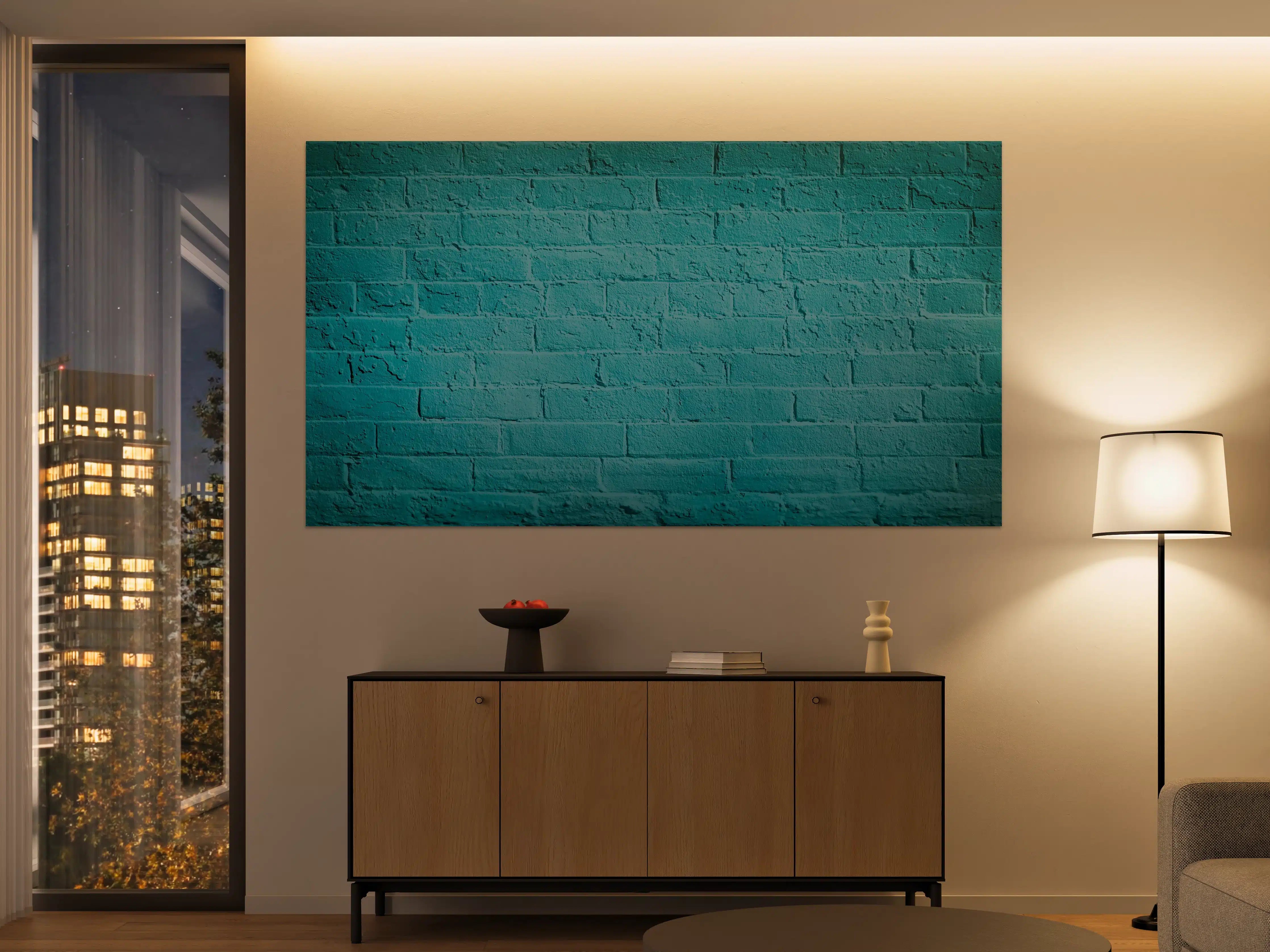 Große Wandbilder - Blaue Wand mit Brick-Optik