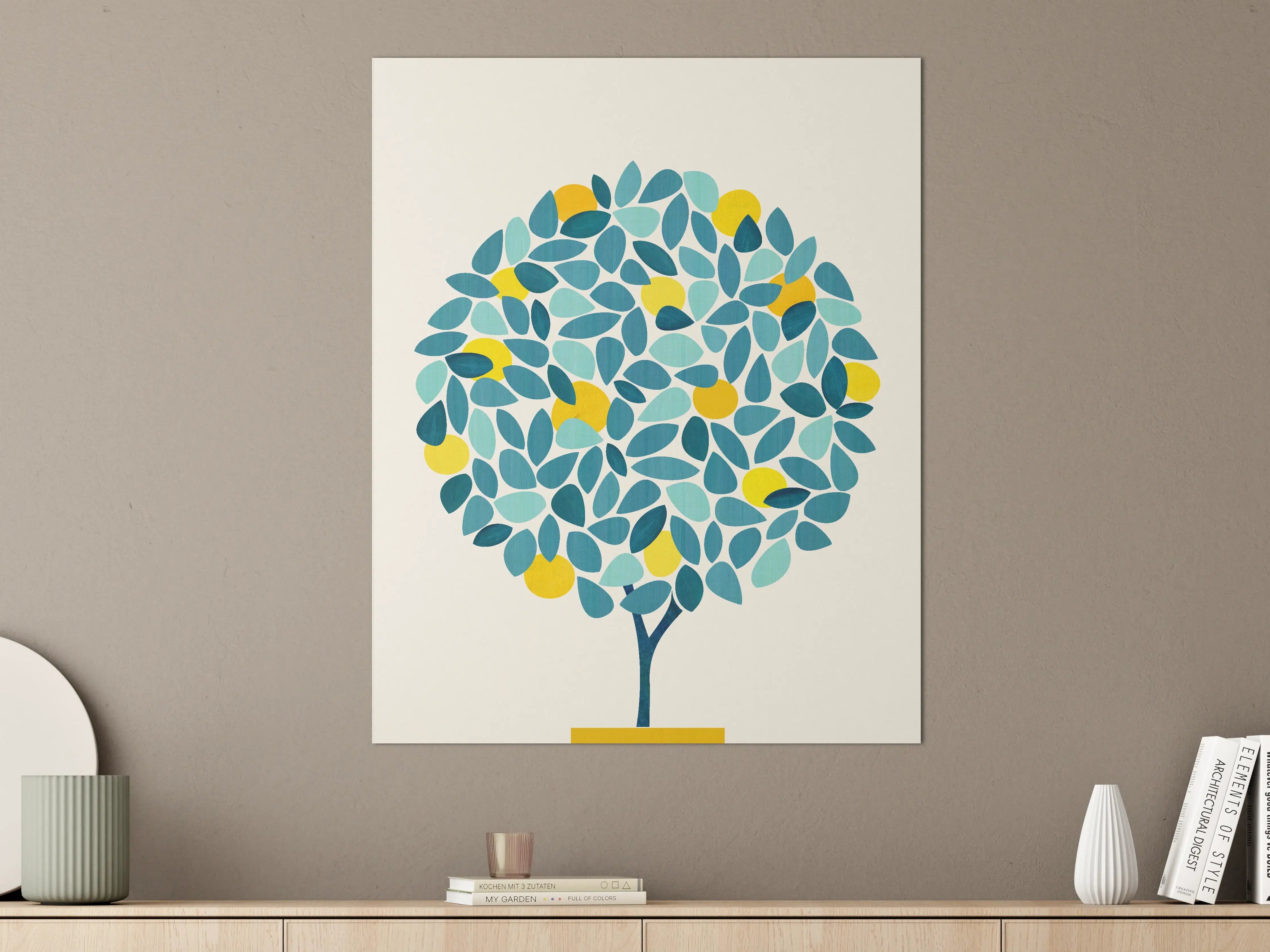Große Wandbilder - Blauer Baum mit gelben Früchten auf beigem Hintergrund