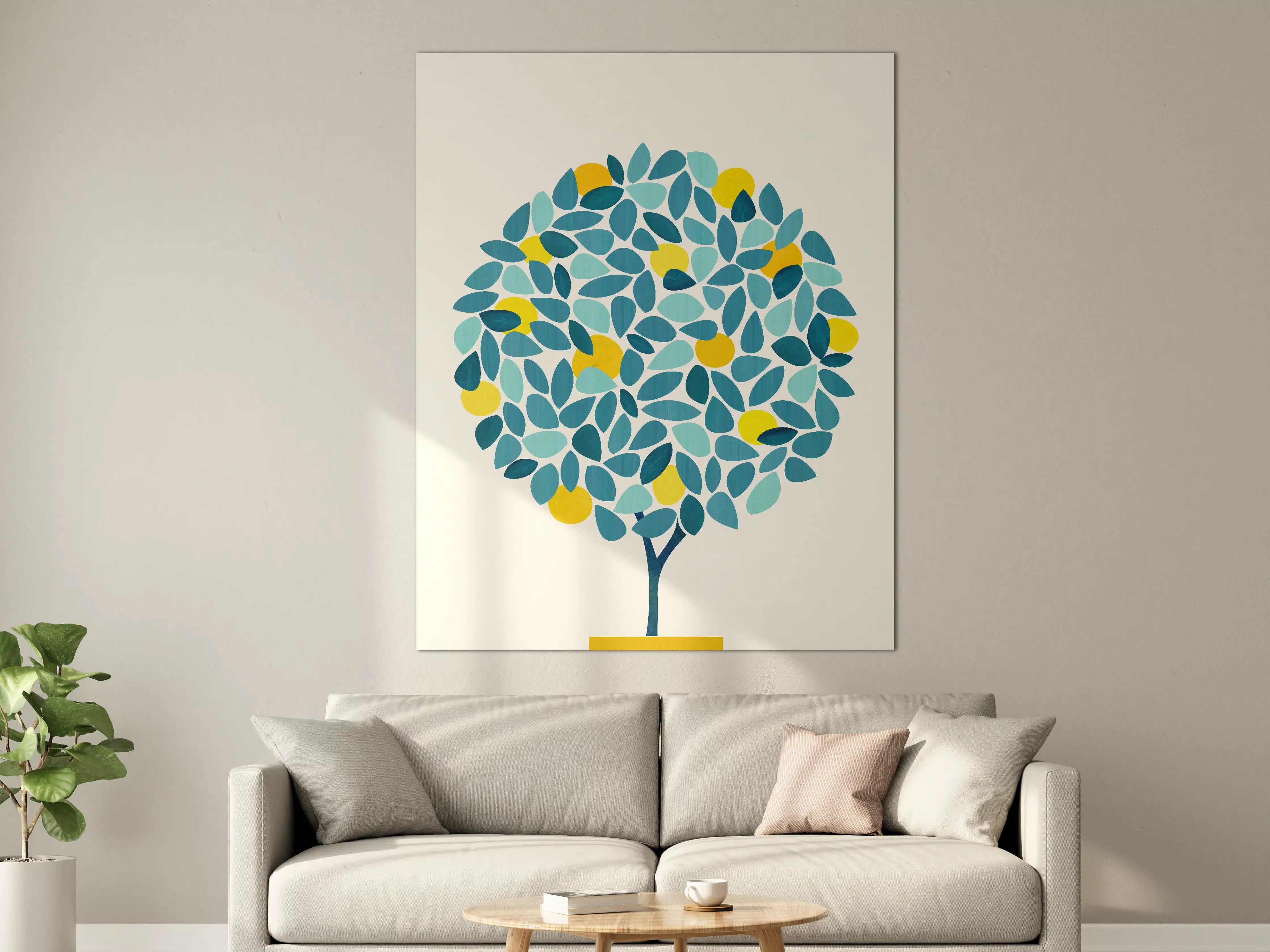 Große Wandbilder - Blauer Baum mit gelben Früchten auf beigem Hintergrund