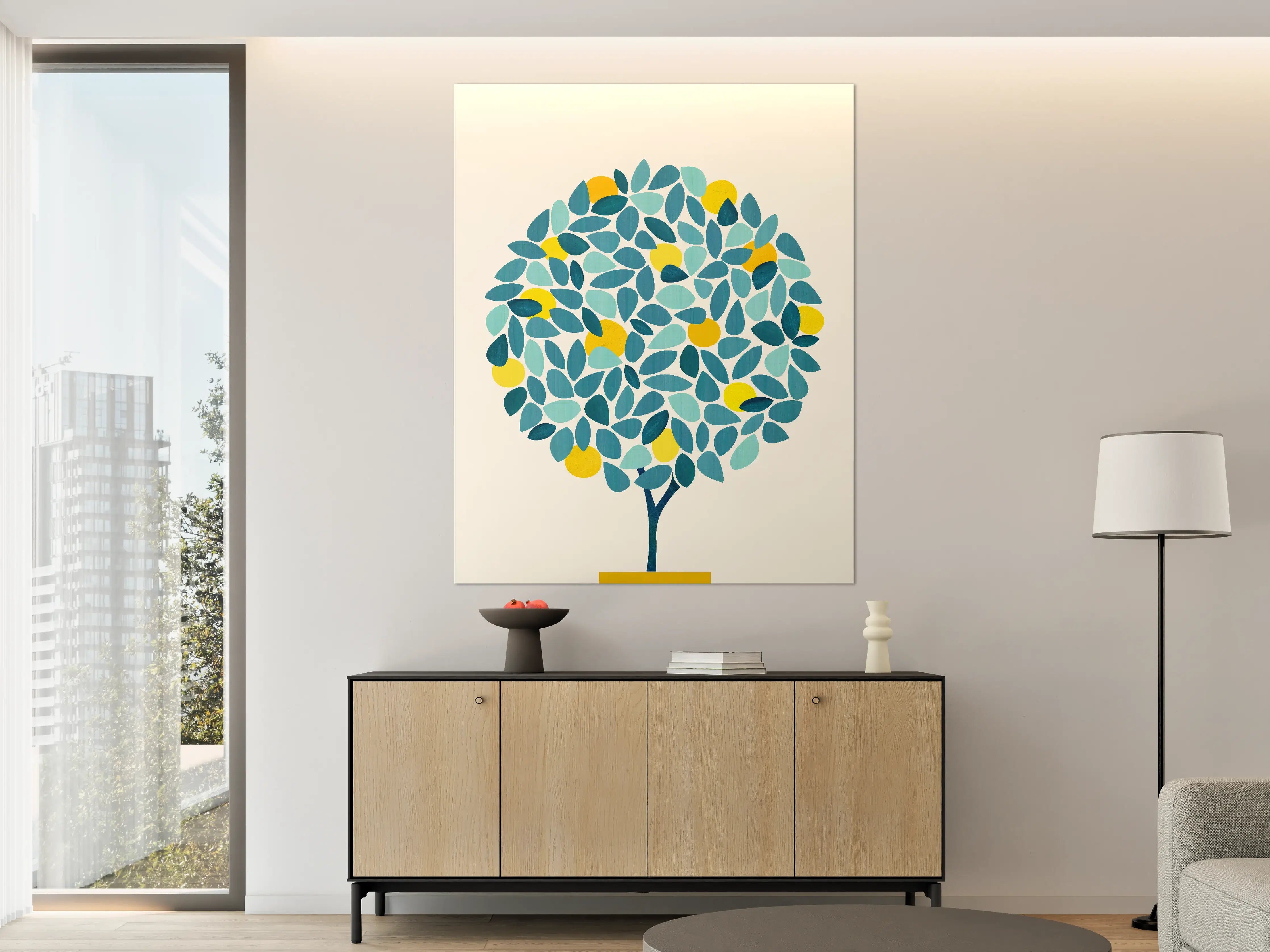 Große Wandbilder - Blauer Baum mit gelben Früchten auf beigem Hintergrund