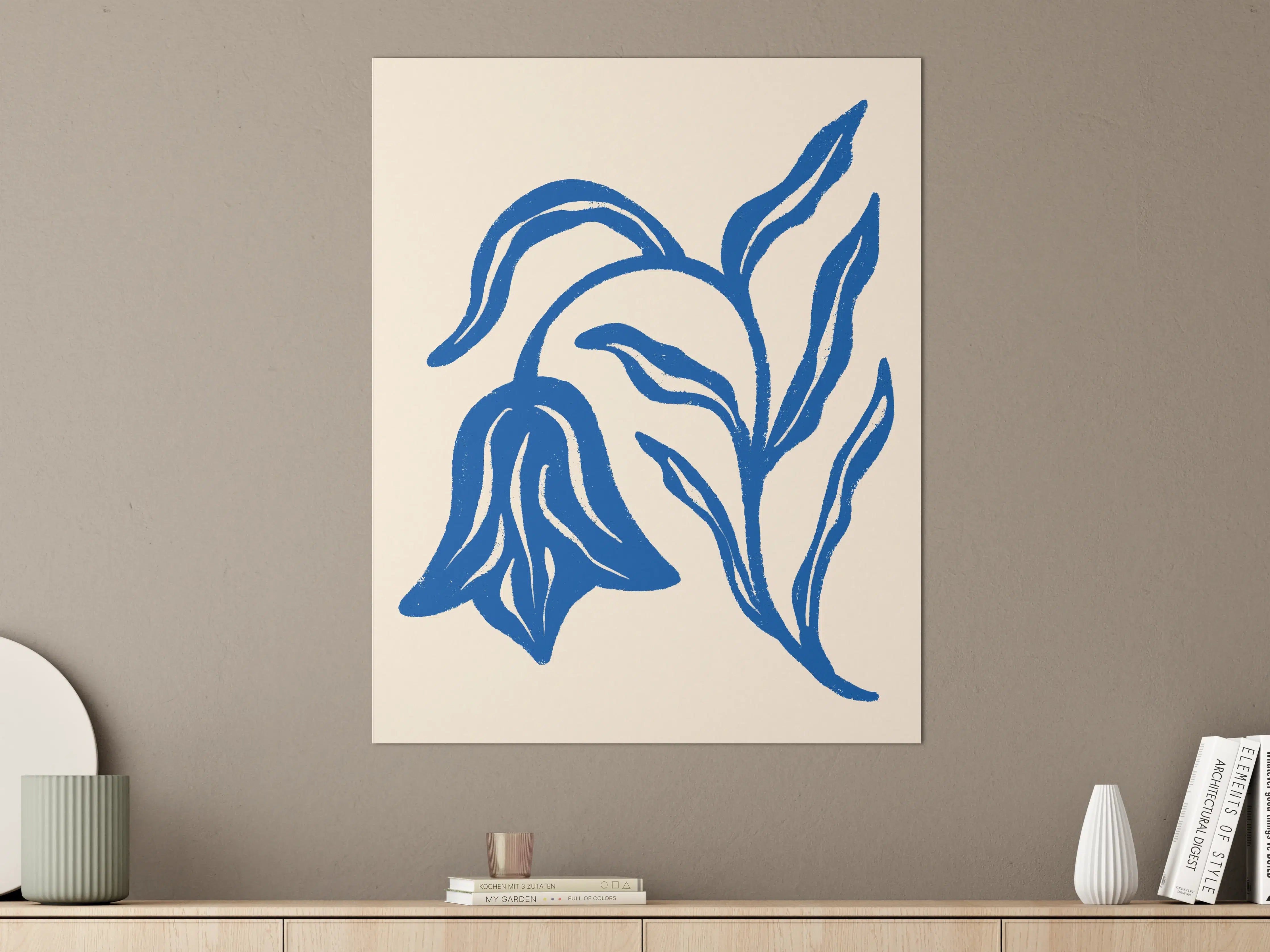 Große Wandbilder - Blauer Blumendruck auf beige Hintergrund