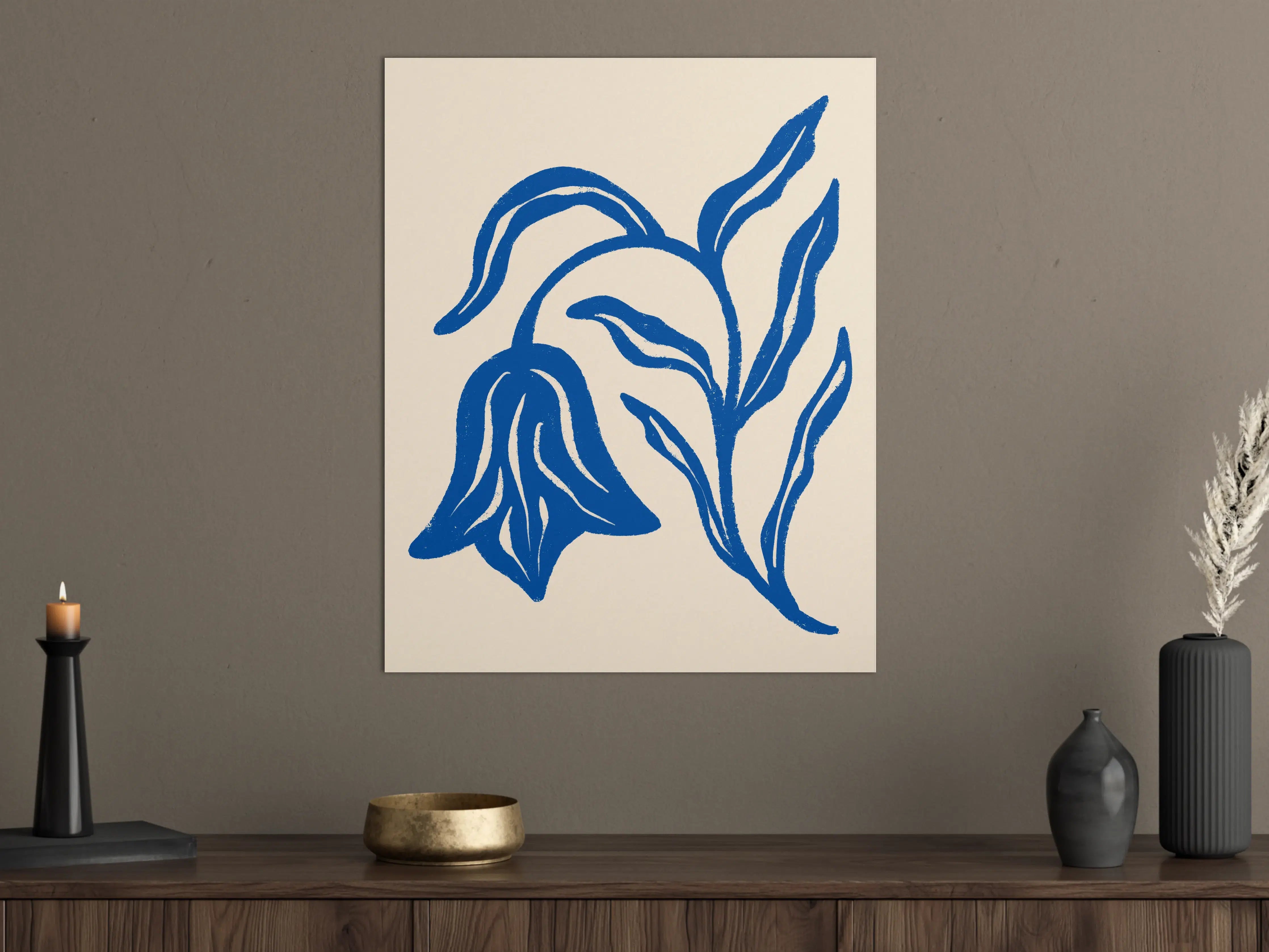 Große Wandbilder - Blauer Blumendruck auf beige Hintergrund