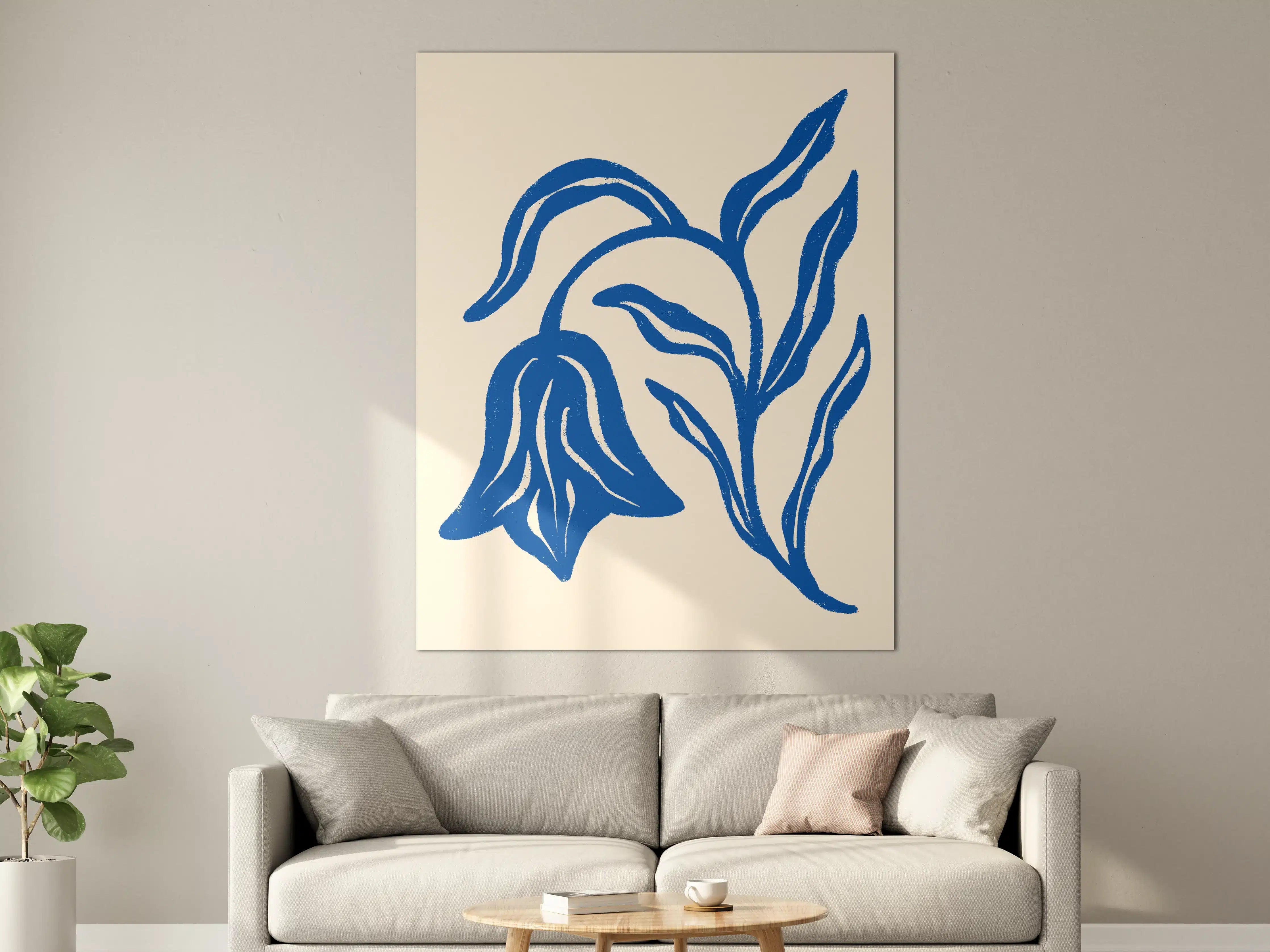 Große Wandbilder - Blauer Blumendruck auf beige Hintergrund