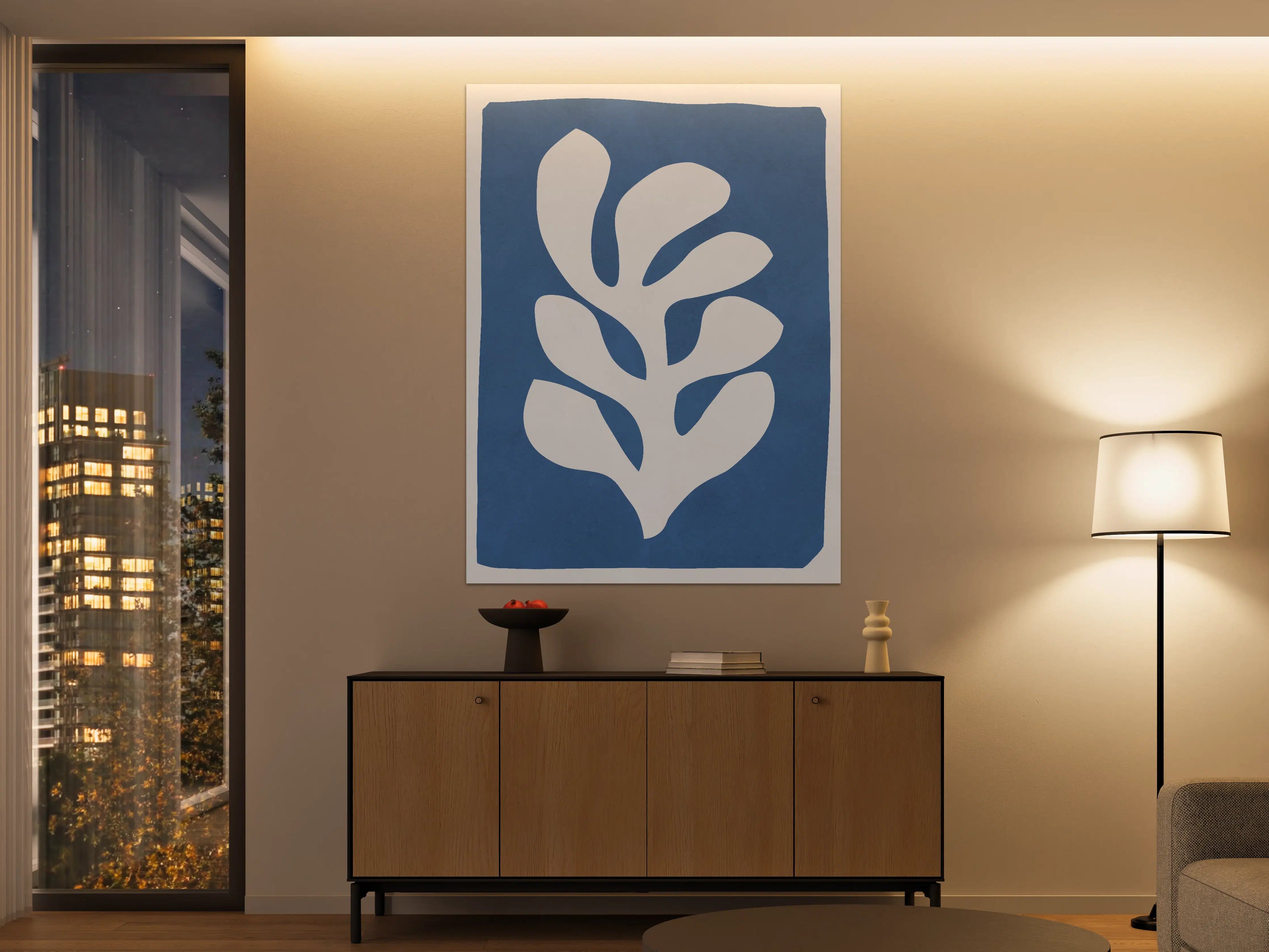 Große Wandbilder - Blauer Hintergrund mit Weißem Blätterdesign
