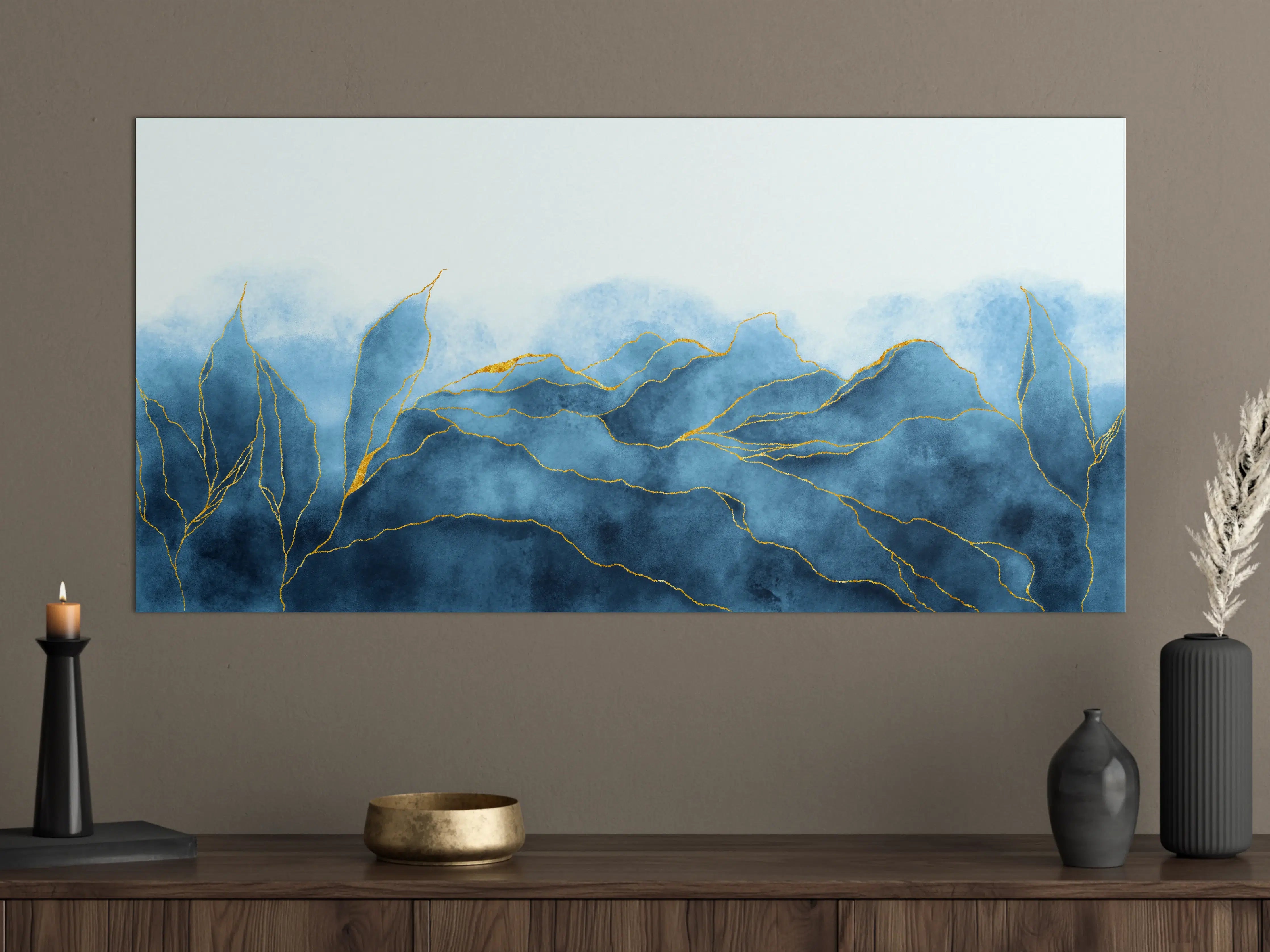 Große Wandbilder - Blaues Aquarell mit Goldelementen