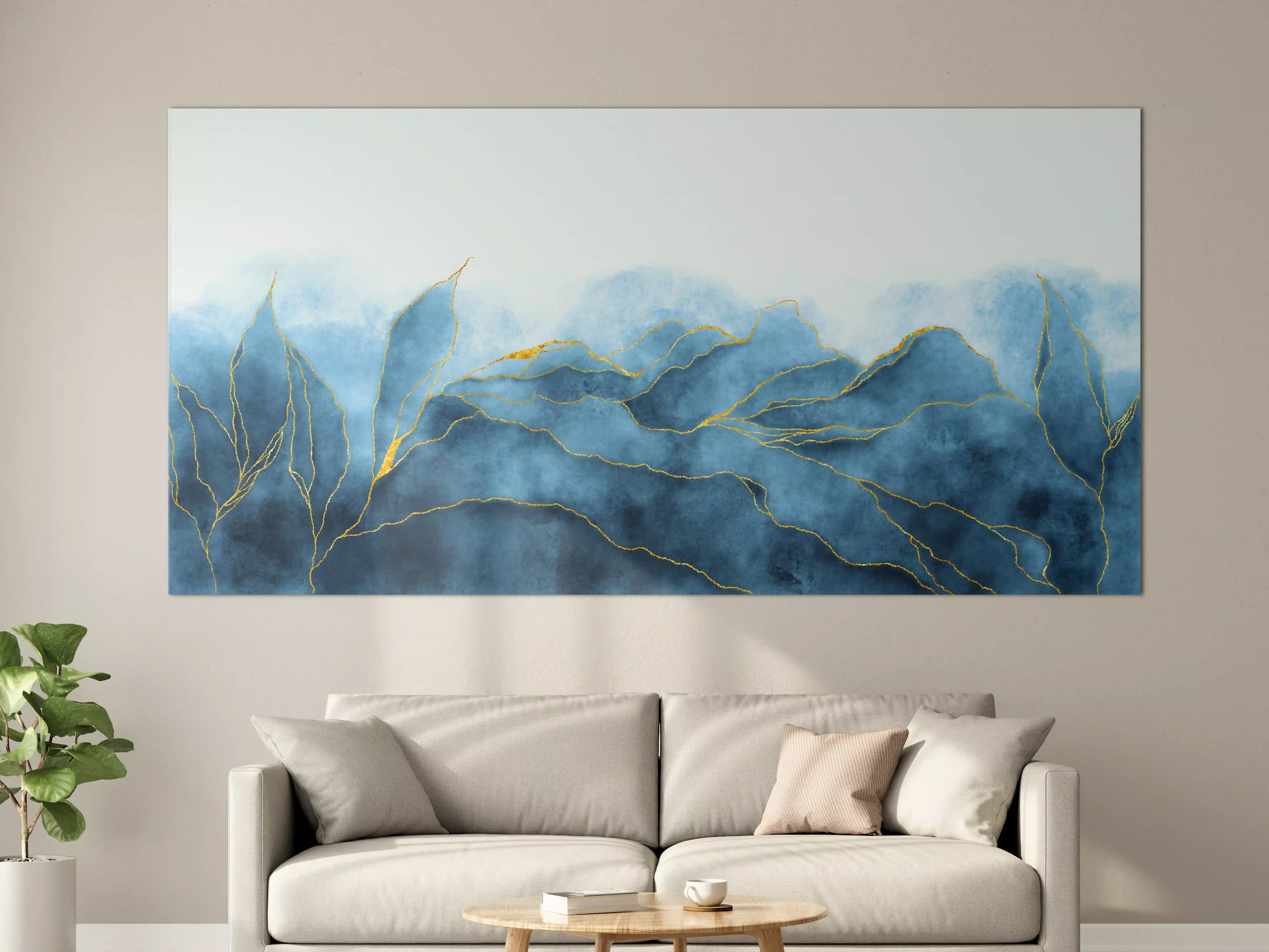Große Wandbilder - Blaues Aquarell mit Goldelementen