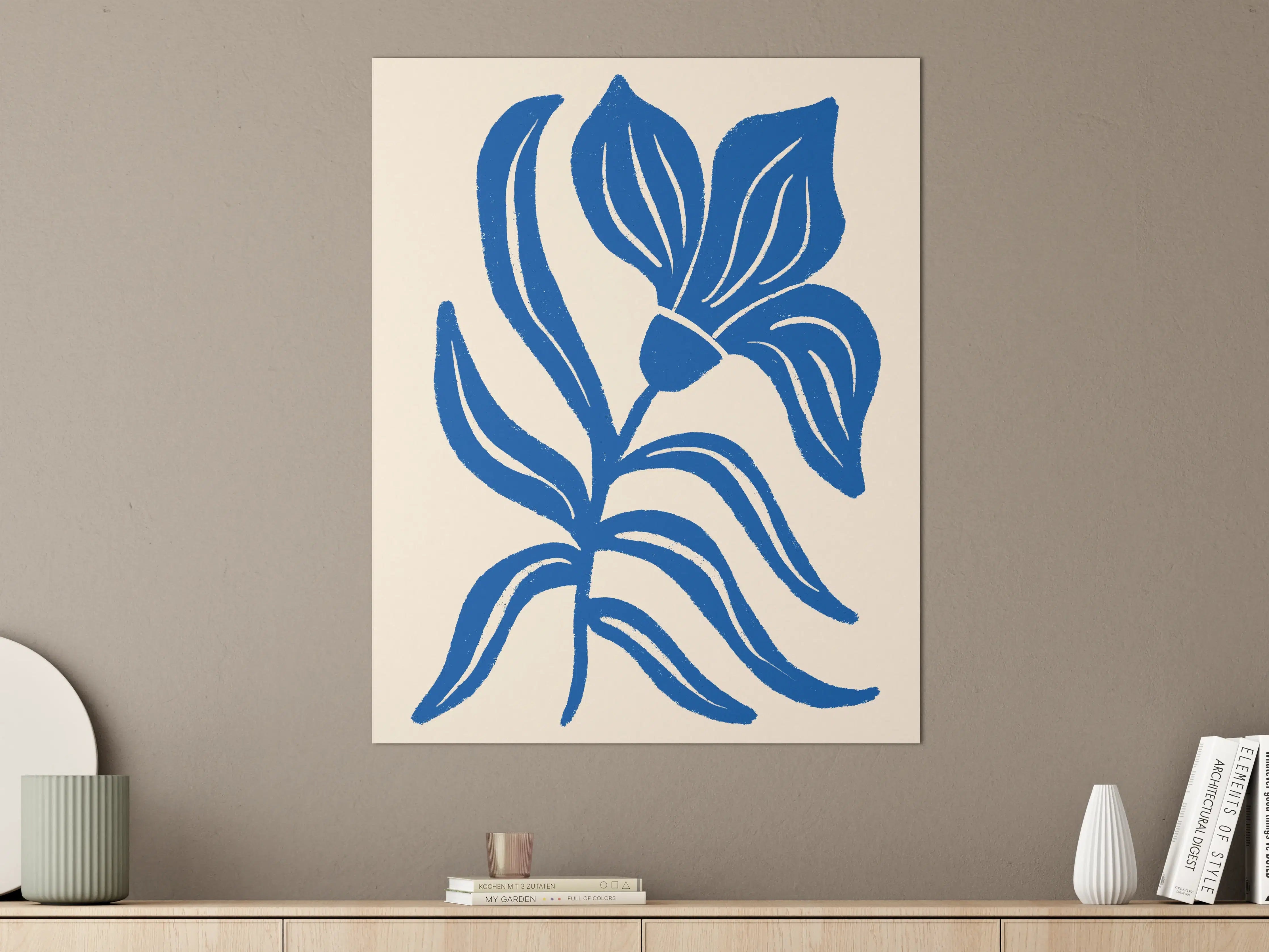 Große Wandbilder - Blaues Blumenmuster auf cremefarbenem Hintergrund