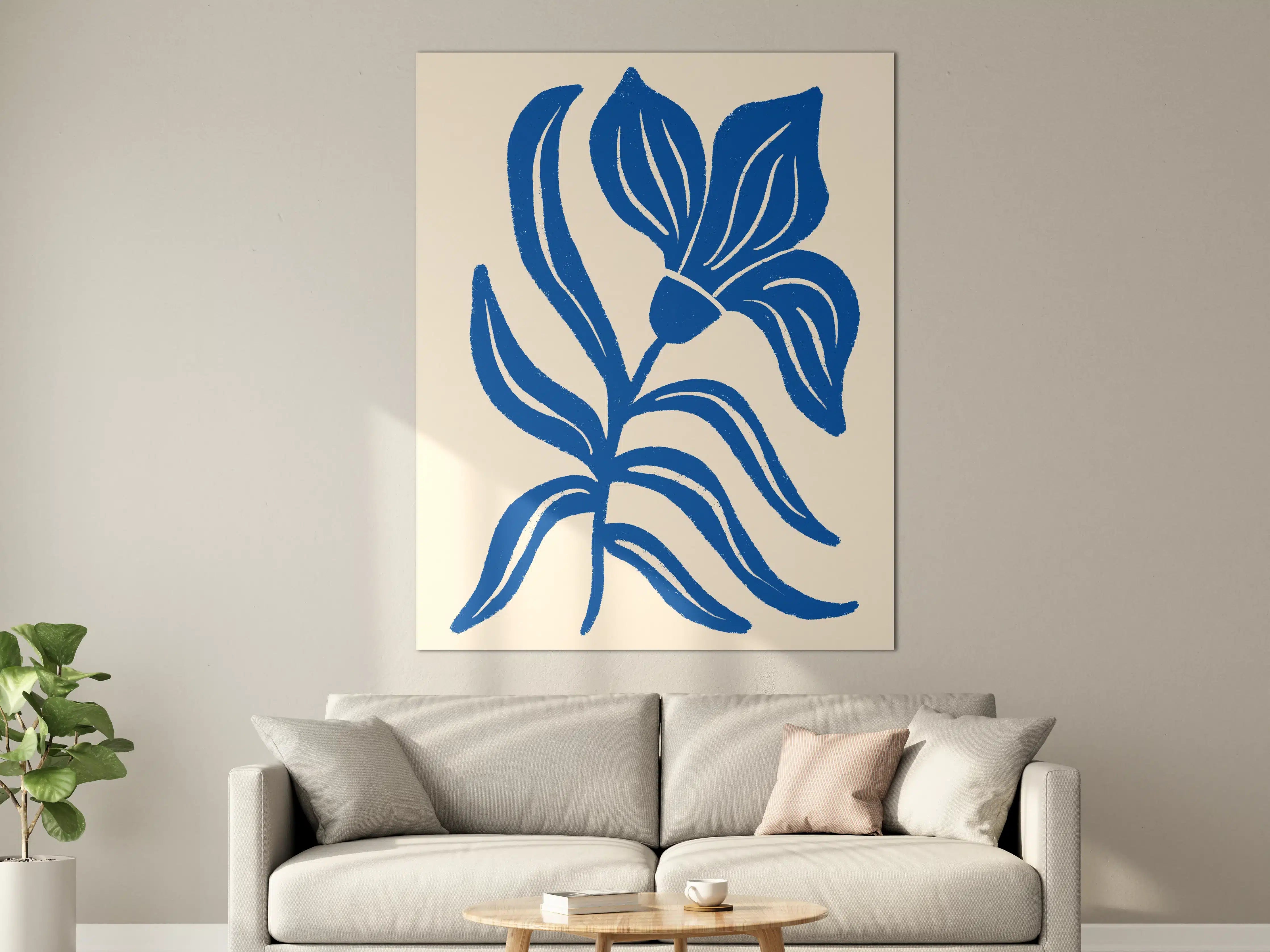 Große Wandbilder - Blaues Blumenmuster auf cremefarbenem Hintergrund