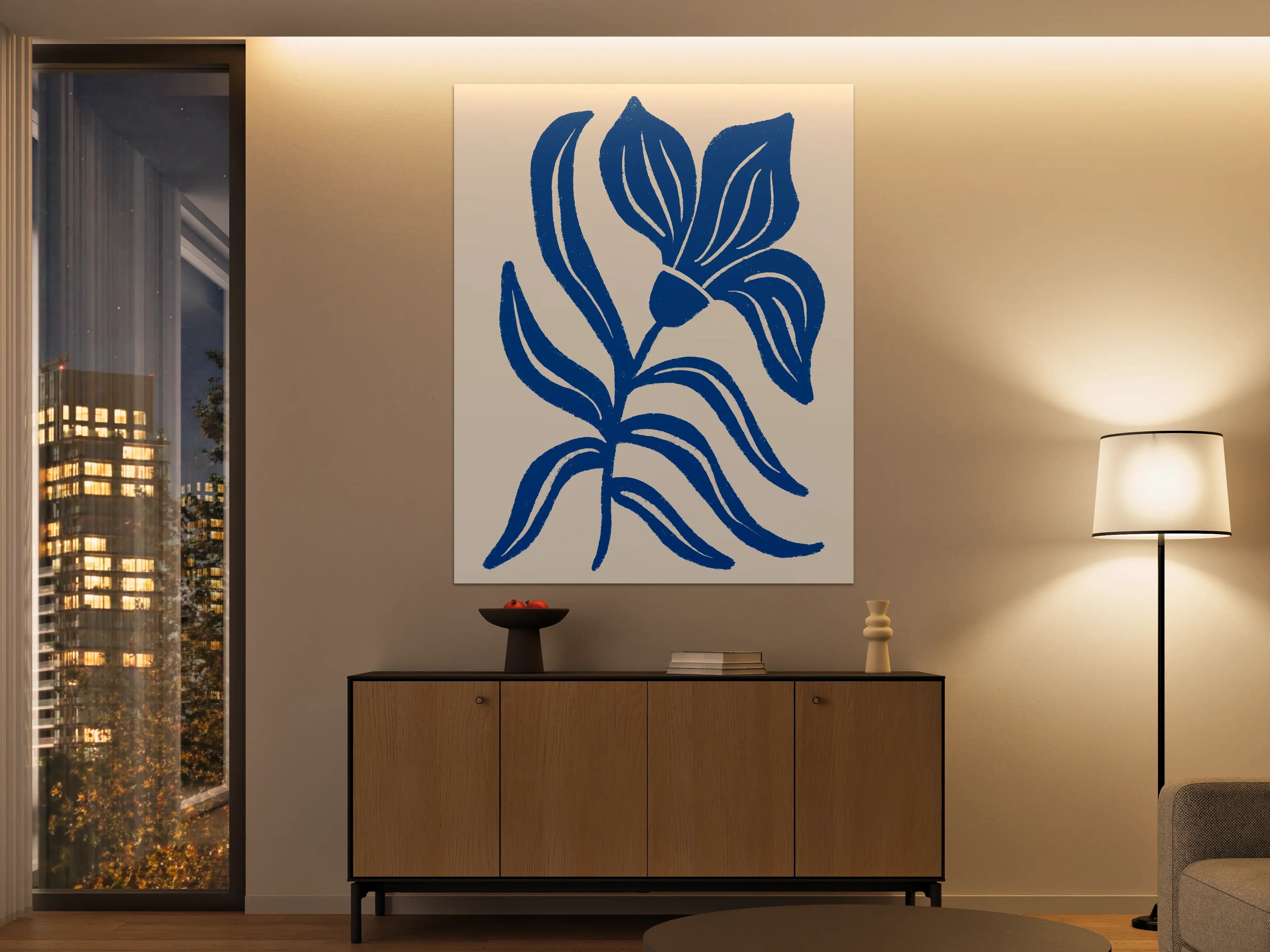 Große Wandbilder - Blaues Blumenmuster auf cremefarbenem Hintergrund