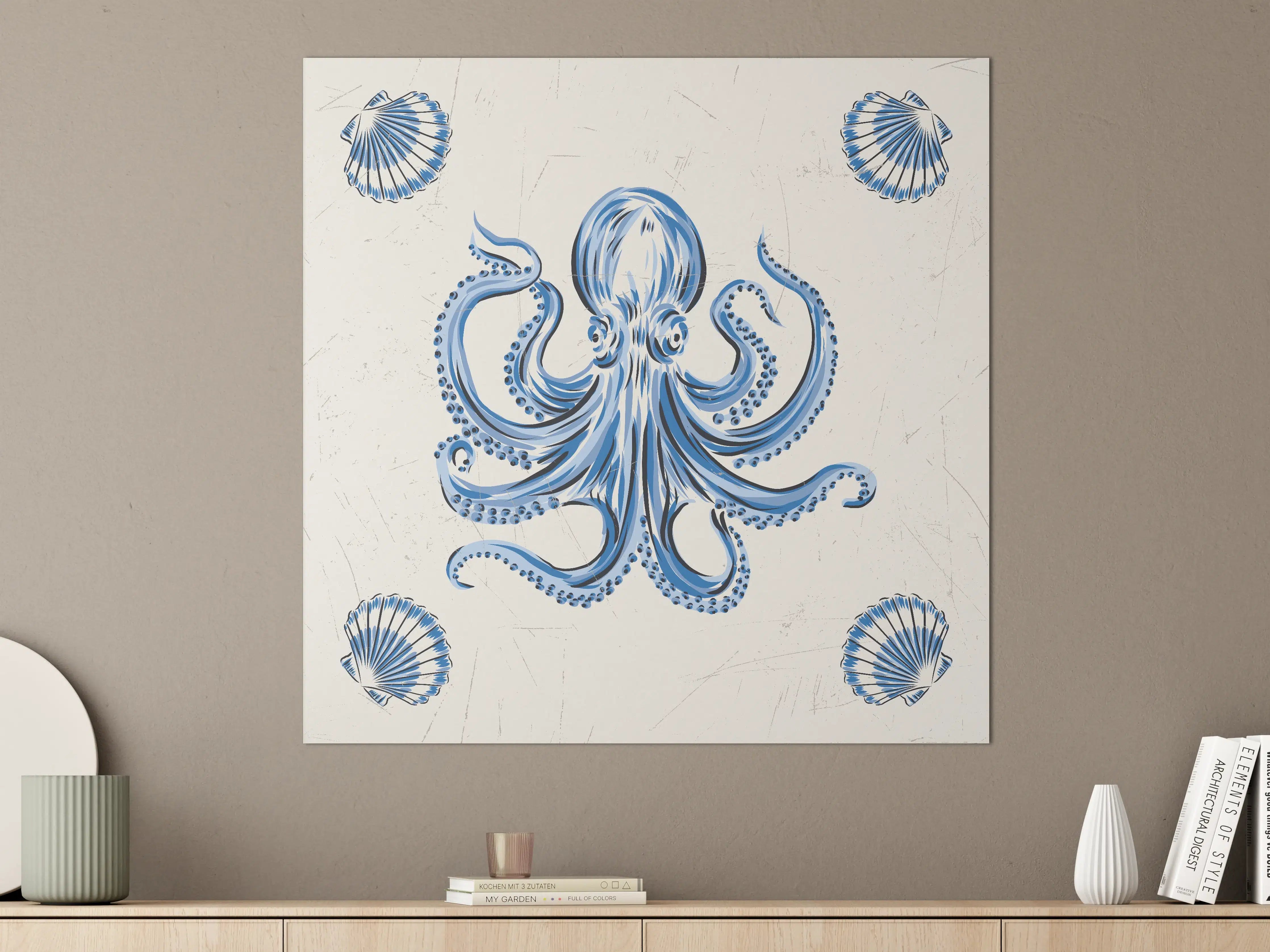 Große Wandbilder - Blaues Oktopus-Motiv mit Muscheln