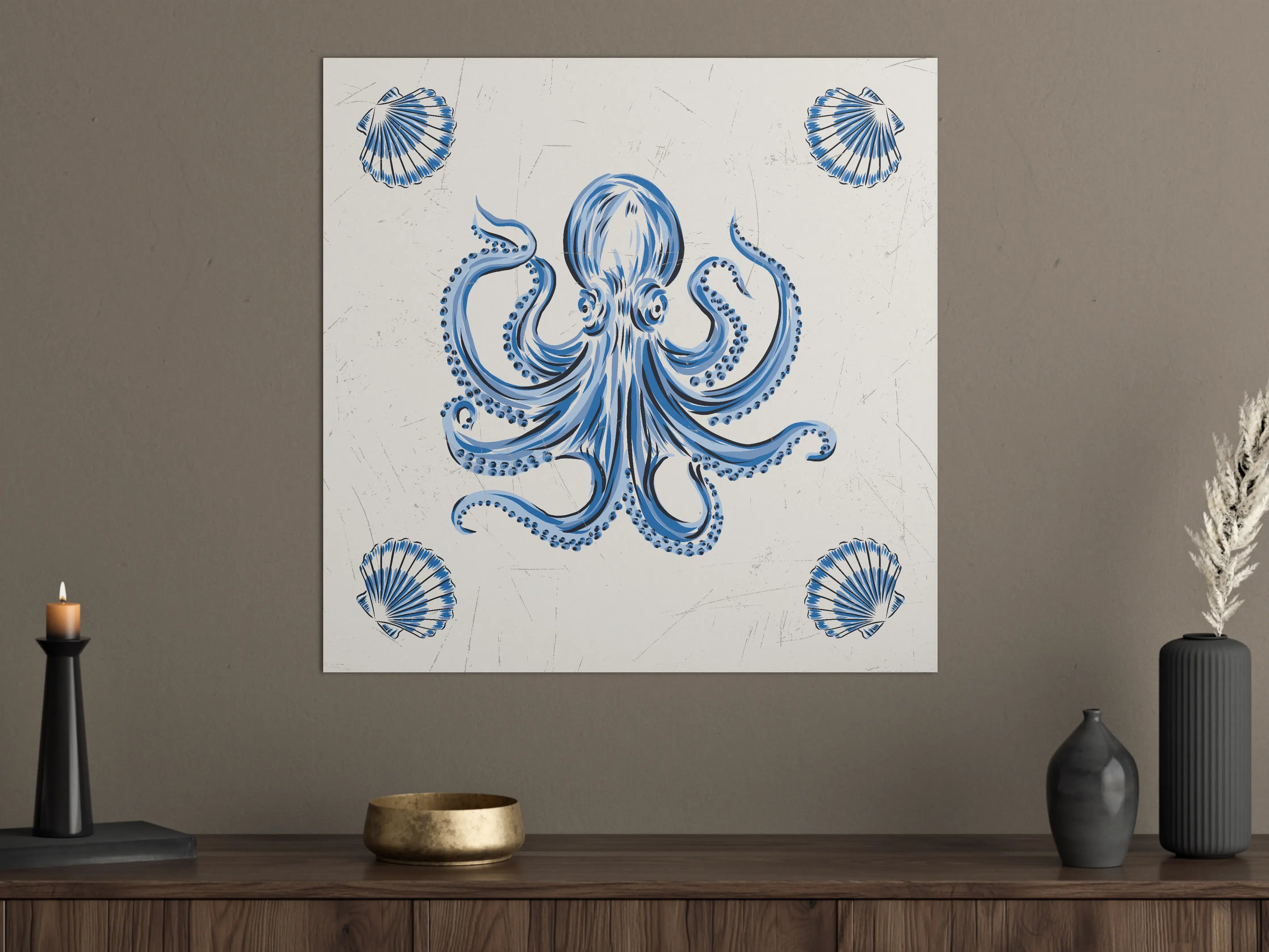Große Wandbilder - Blaues Oktopus-Motiv mit Muscheln