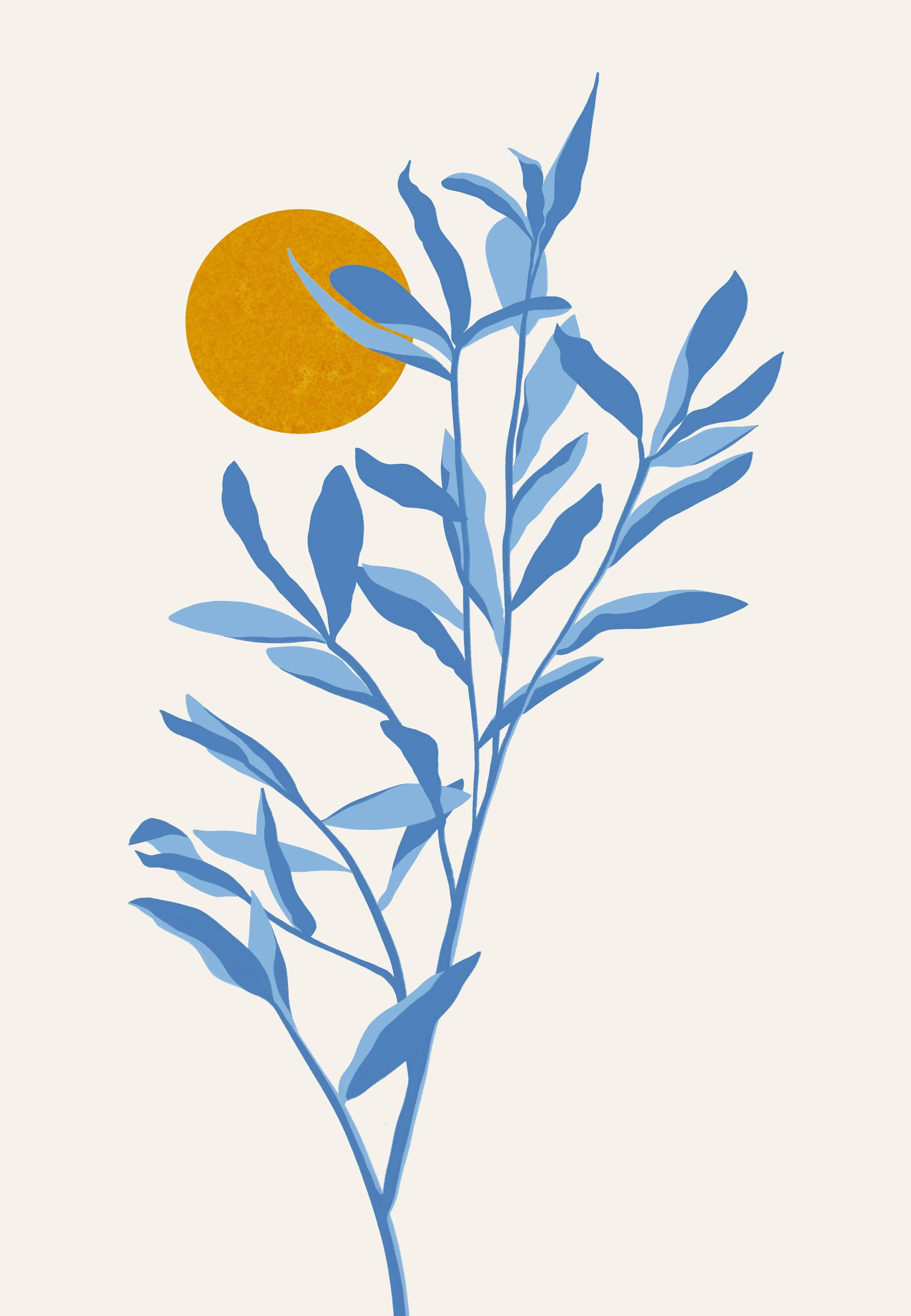 Große Wandbilder-Blaues Pflanzenmotiv mit Sonnenakzent