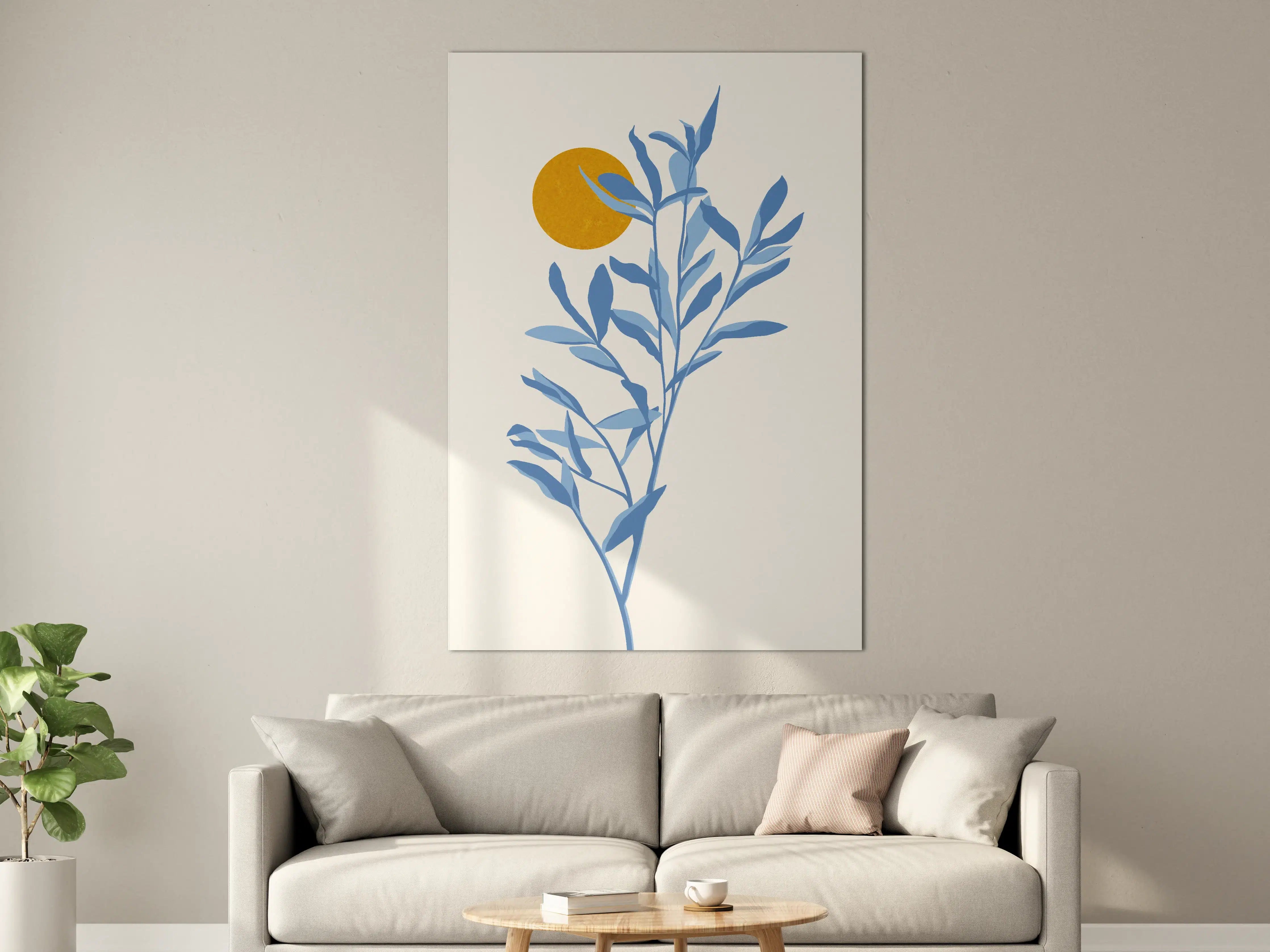 Große Wandbilder - Blaues Pflanzenmotiv mit Sonnenakzent