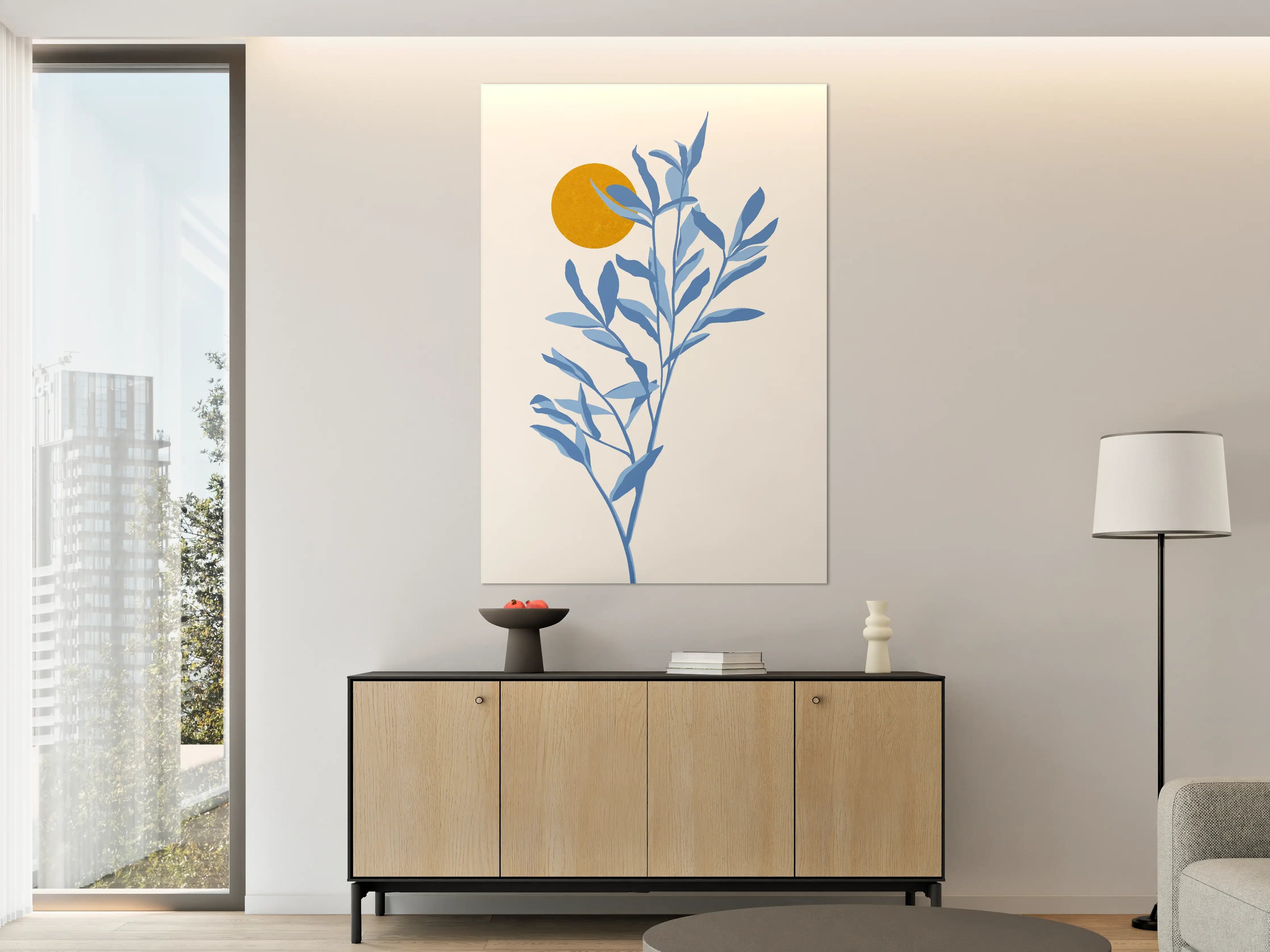 Große Wandbilder - Blaues Pflanzenmotiv mit Sonnenakzent