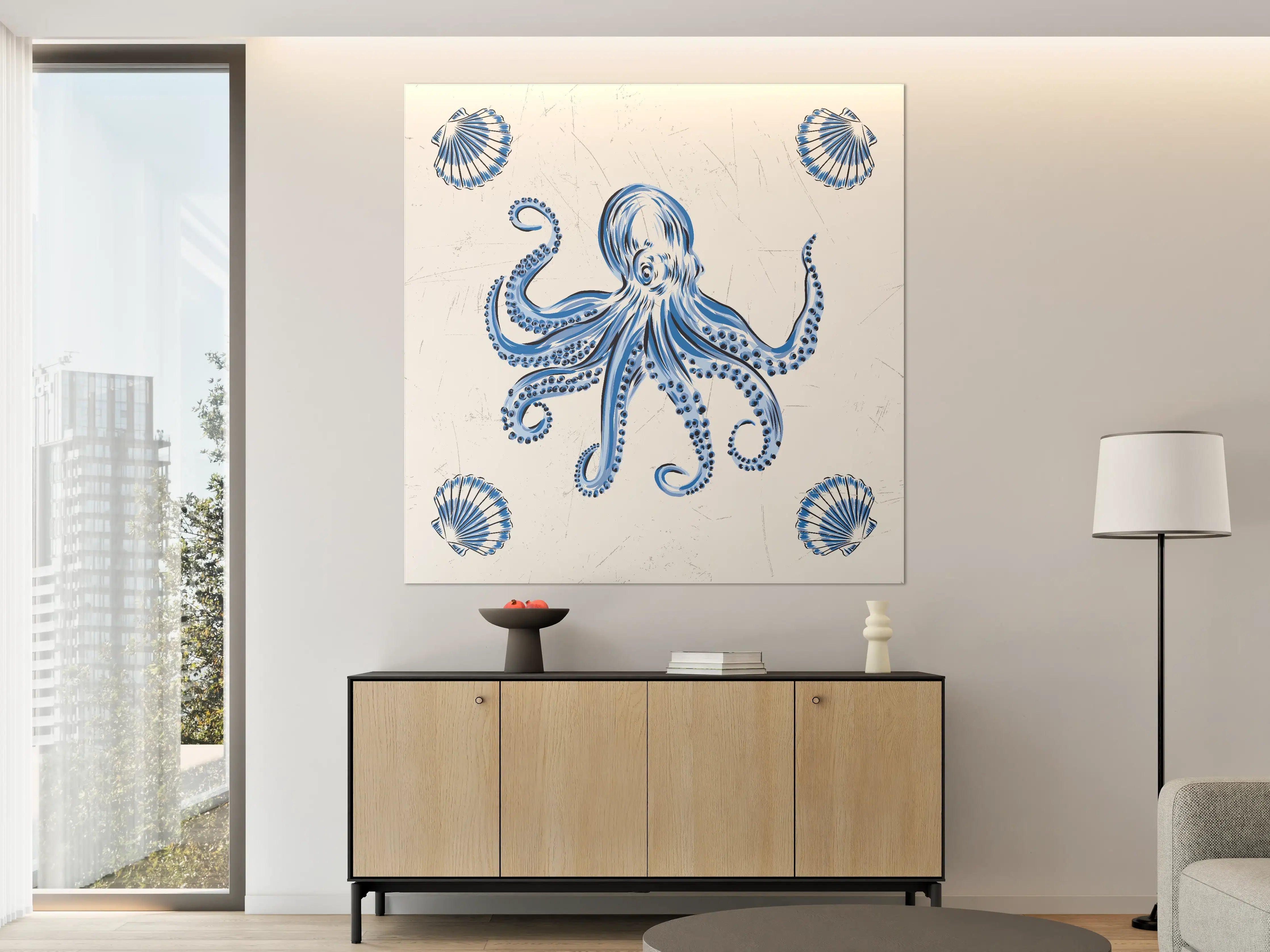 Große Wandbilder - Blaues Tintenfisch-Motiv mit Muscheln