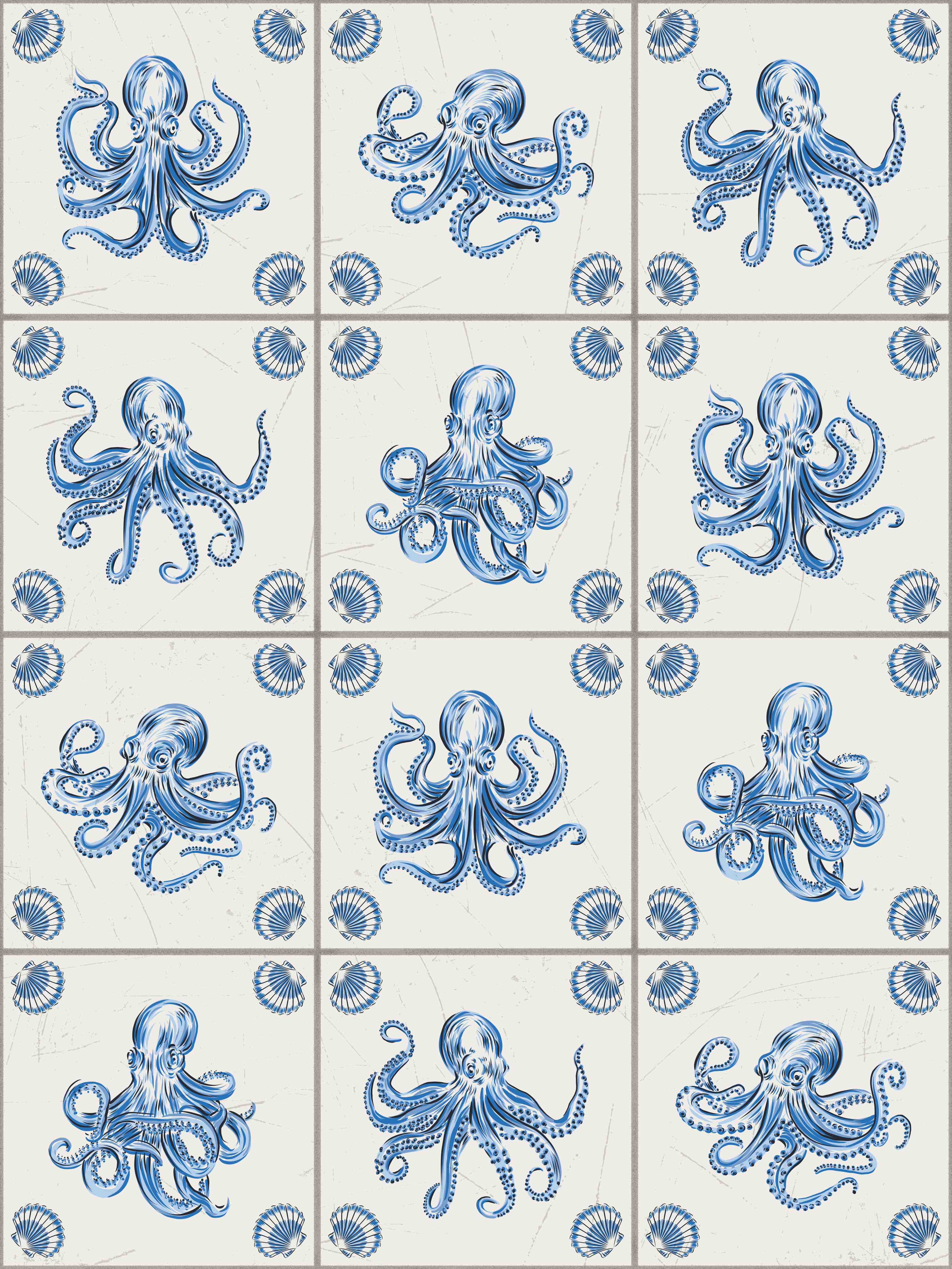 Große Wandbilder-Blaues Tintenfisch-Motiv mit traditionellem Fliesenmuster
