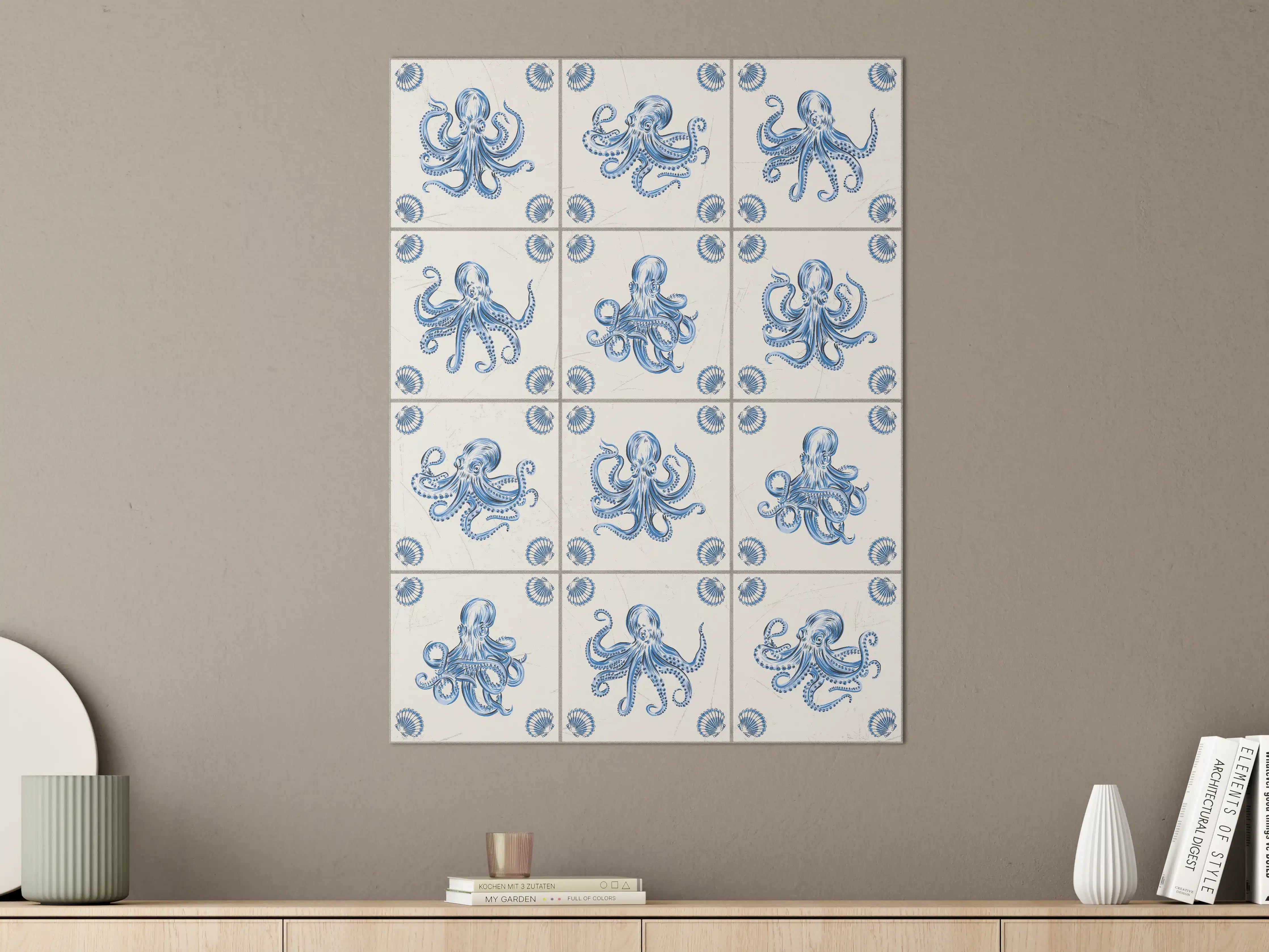 Große Wandbilder - Blaues Tintenfisch-Motiv mit traditionellem Fliesenmuster