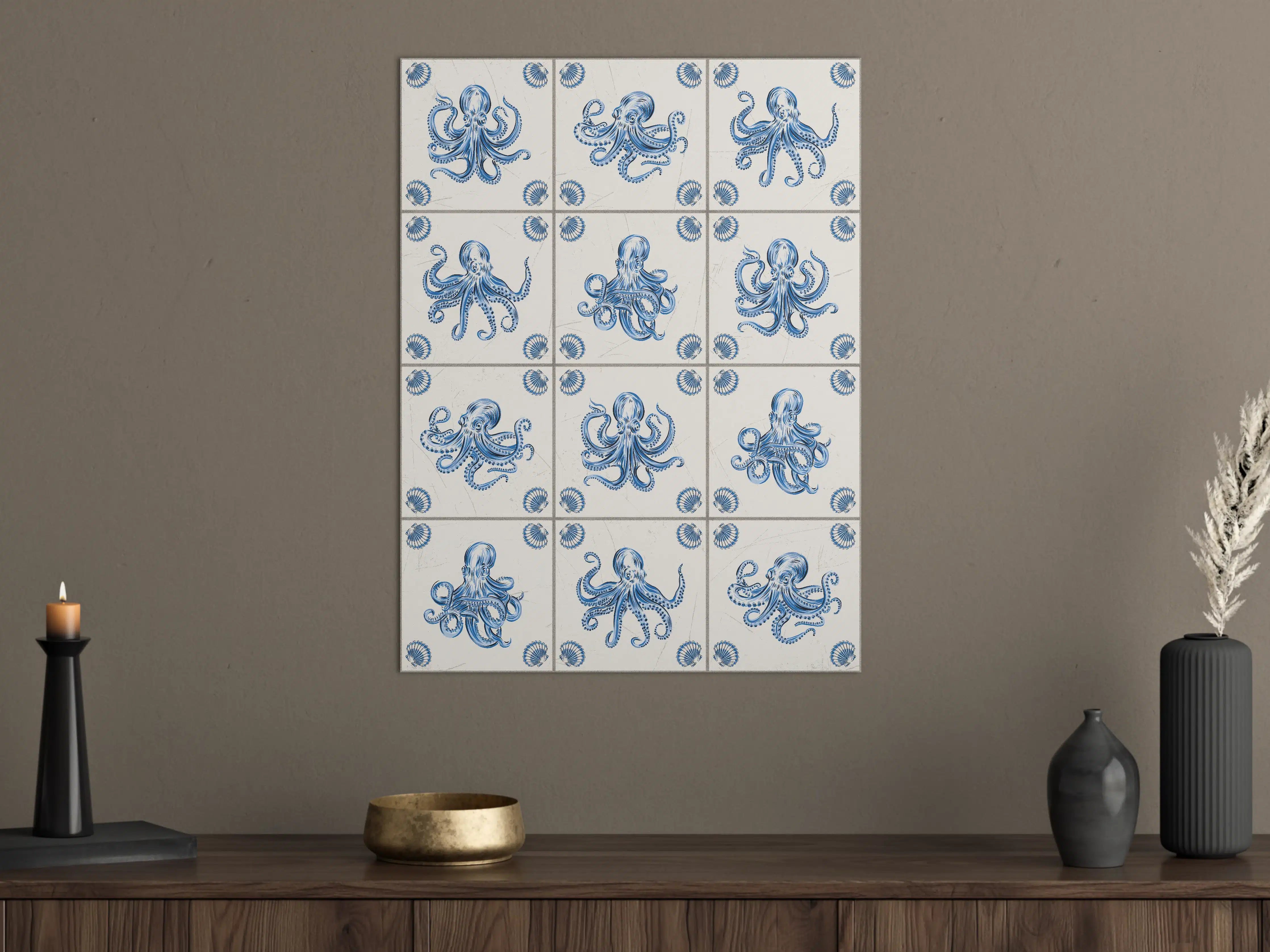 Große Wandbilder - Blaues Tintenfisch-Motiv mit traditionellem Fliesenmuster
