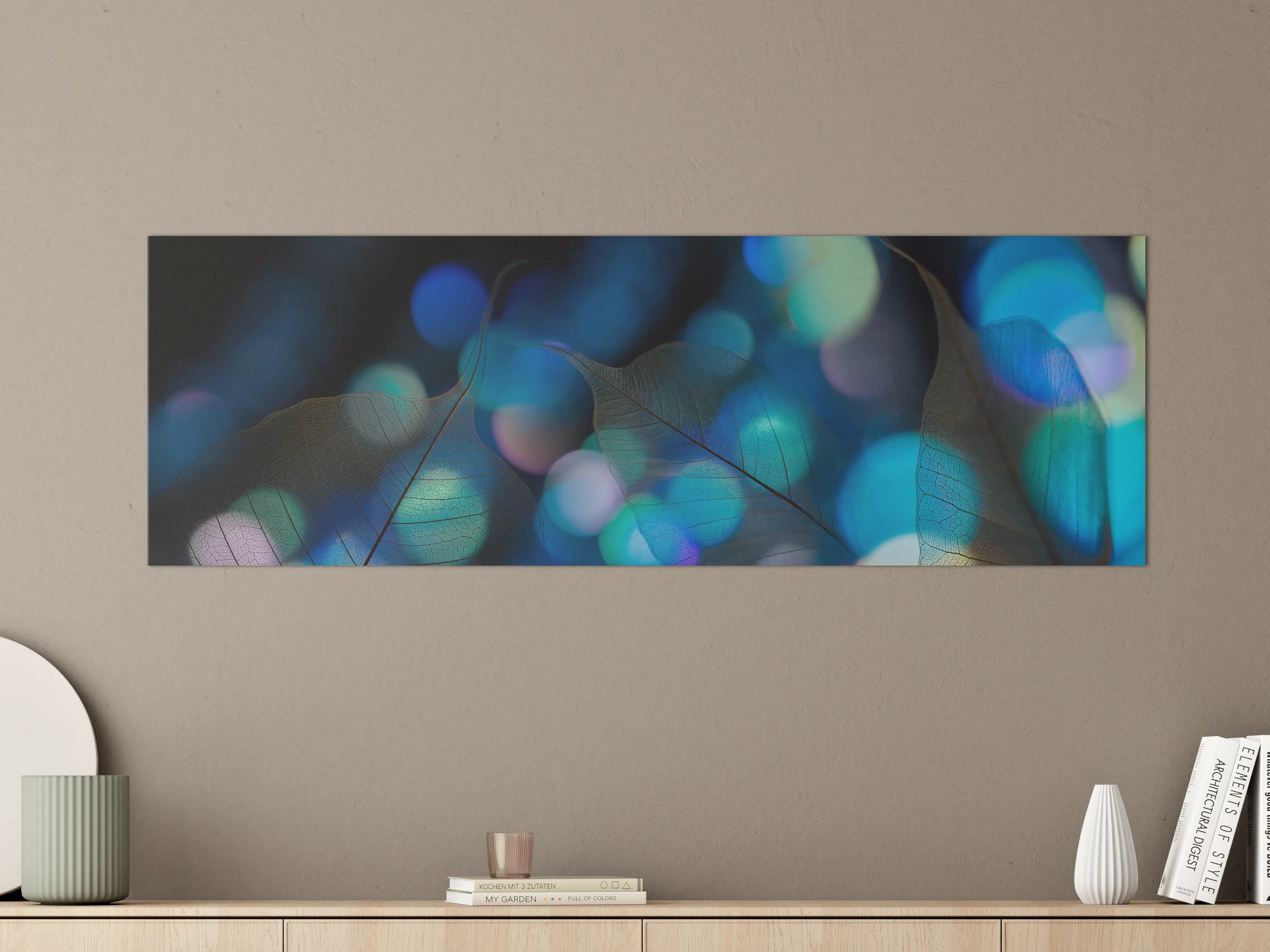 Große Wandbilder - Blaugrün Lichtspiel Blatttextur
