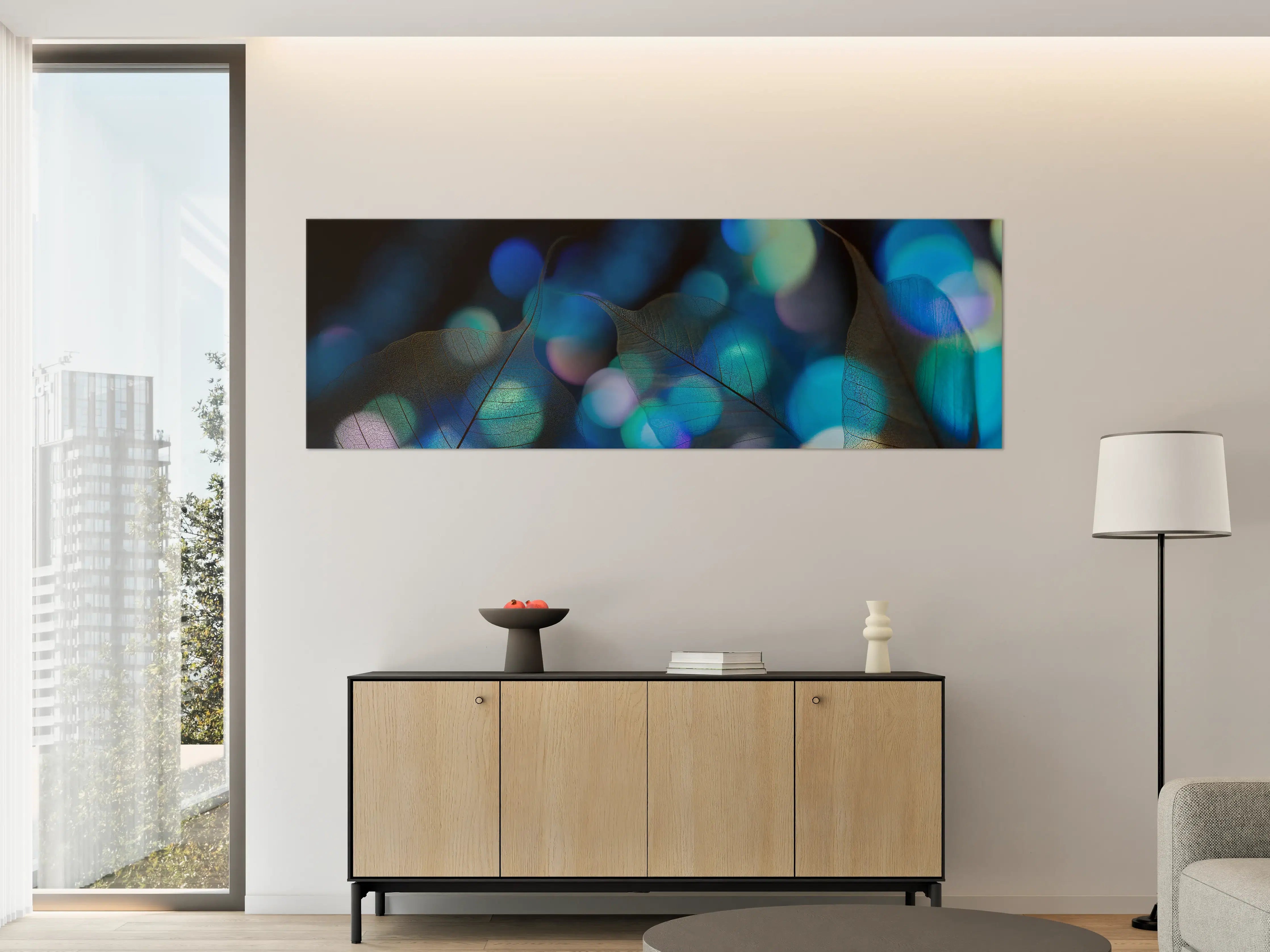Große Wandbilder - Blaugrün Lichtspiel Blatttextur