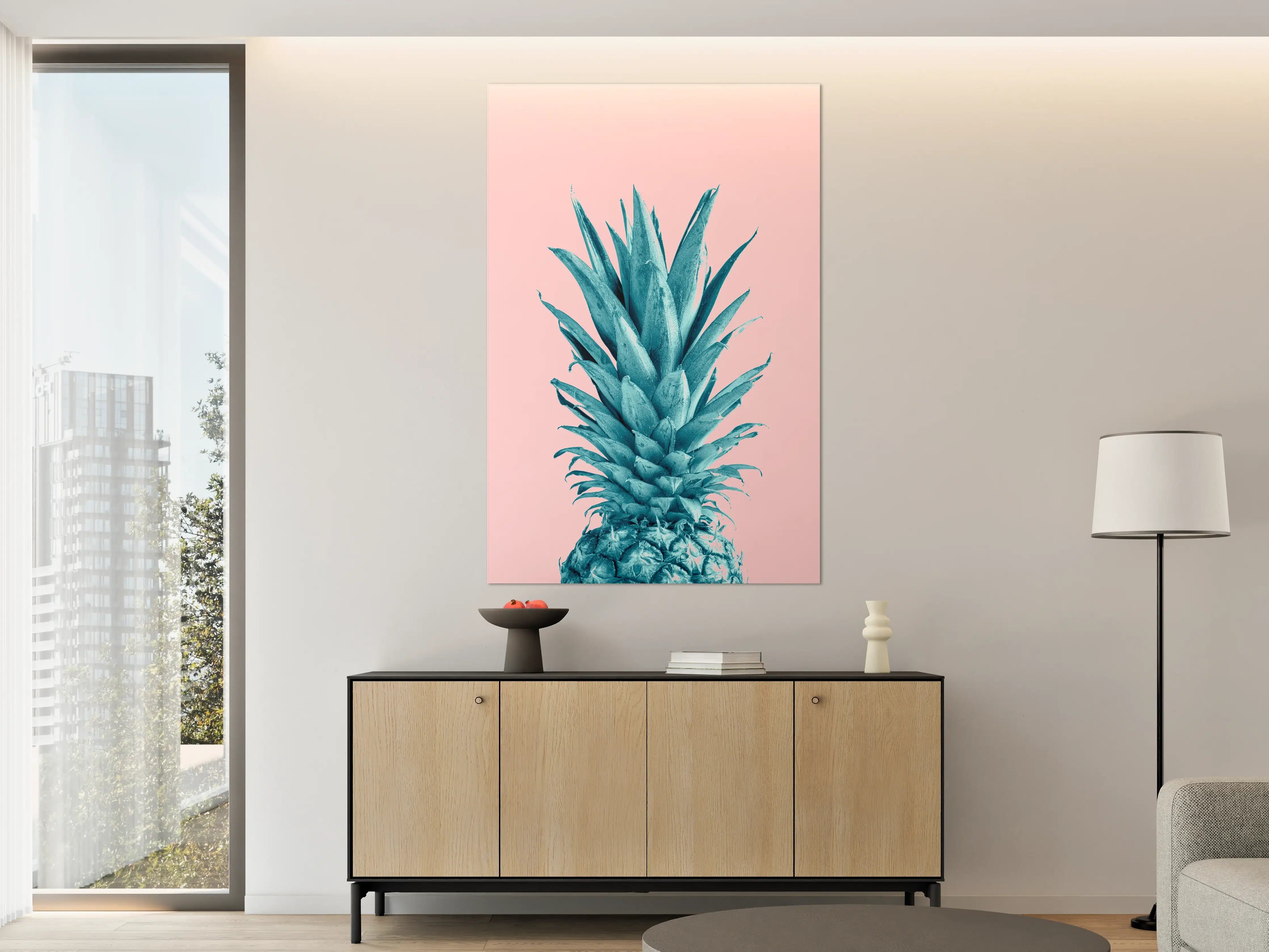 Große Wandbilder - Blautöne-Pineapple auf Roségrau-Hintergrund