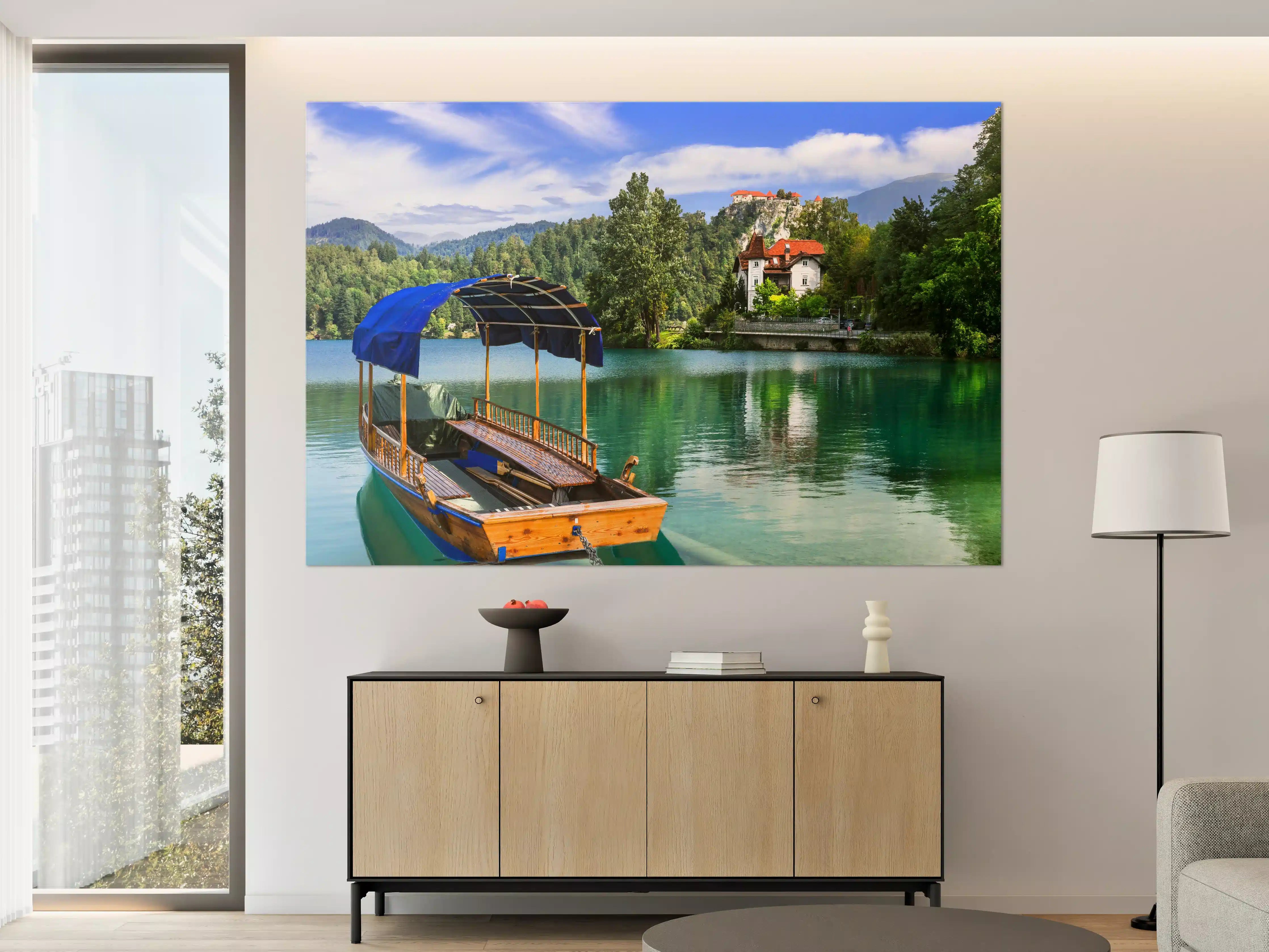 Große Wandbilder - Bled See mit Holzboot