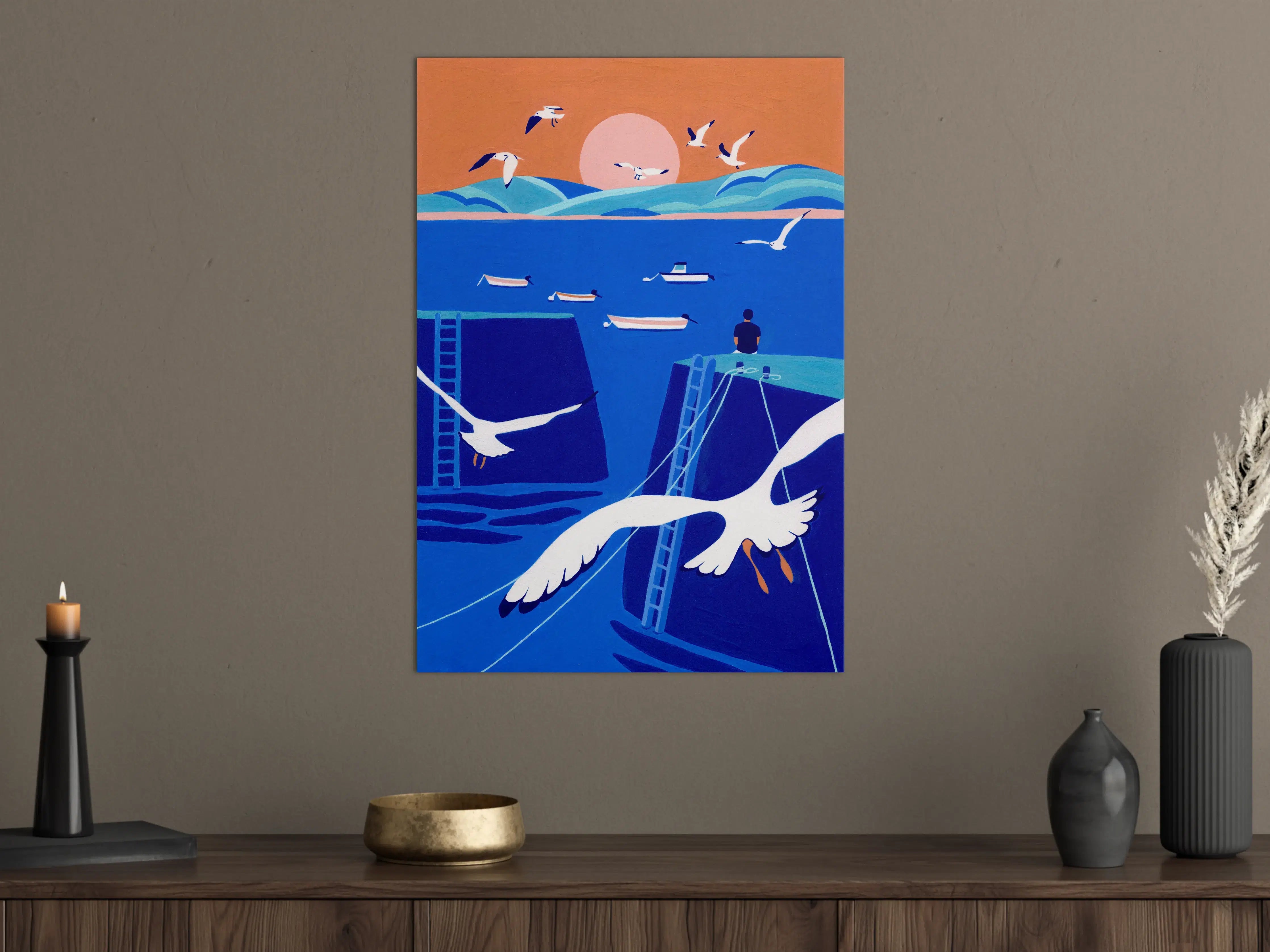 Große Wandbilder - Blick auf das Meer mit Möwen bei Sonnenuntergang