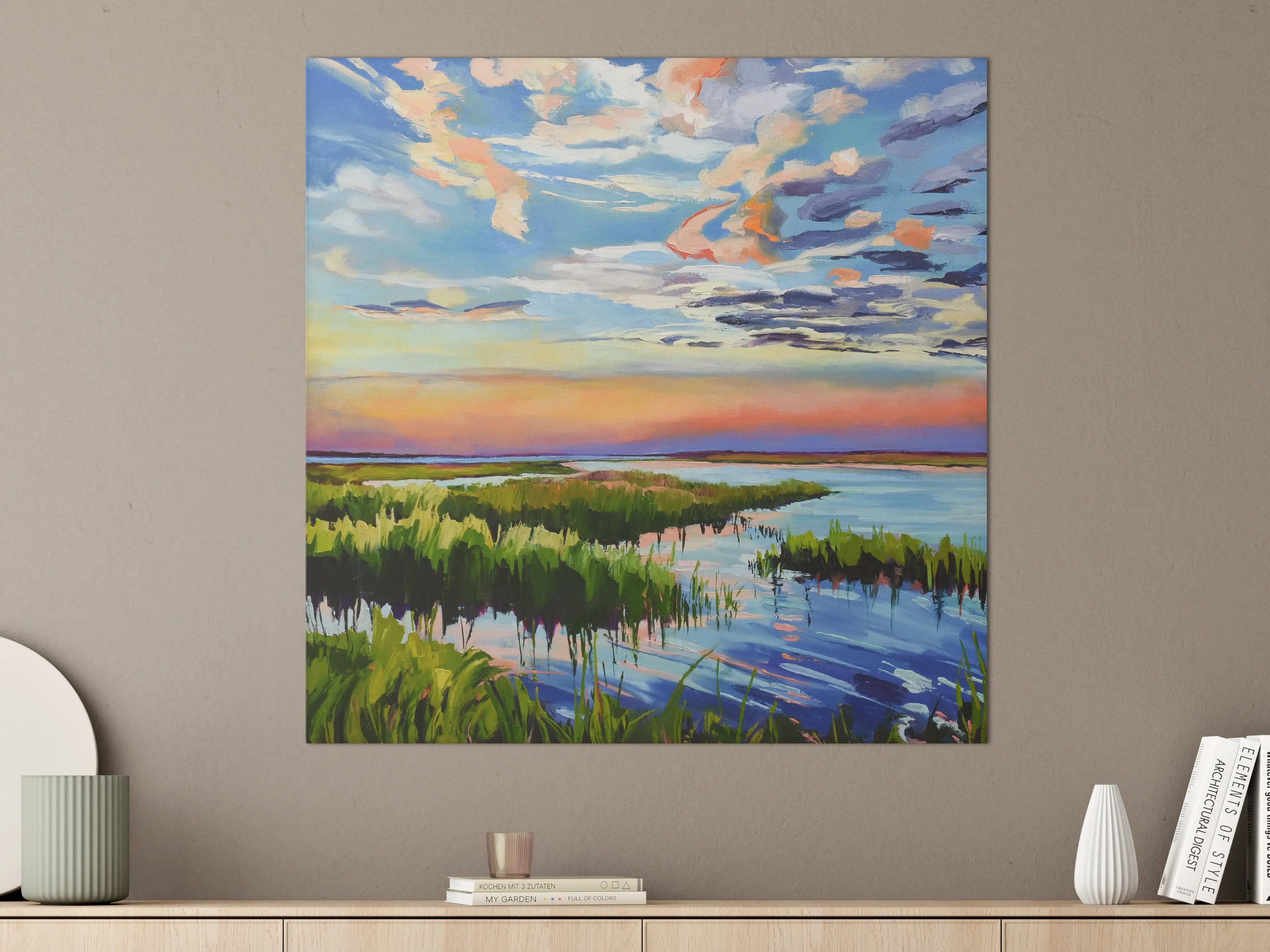 Große Wandbilder - Blick auf den ruhigen Fluss bei Sonnenuntergang