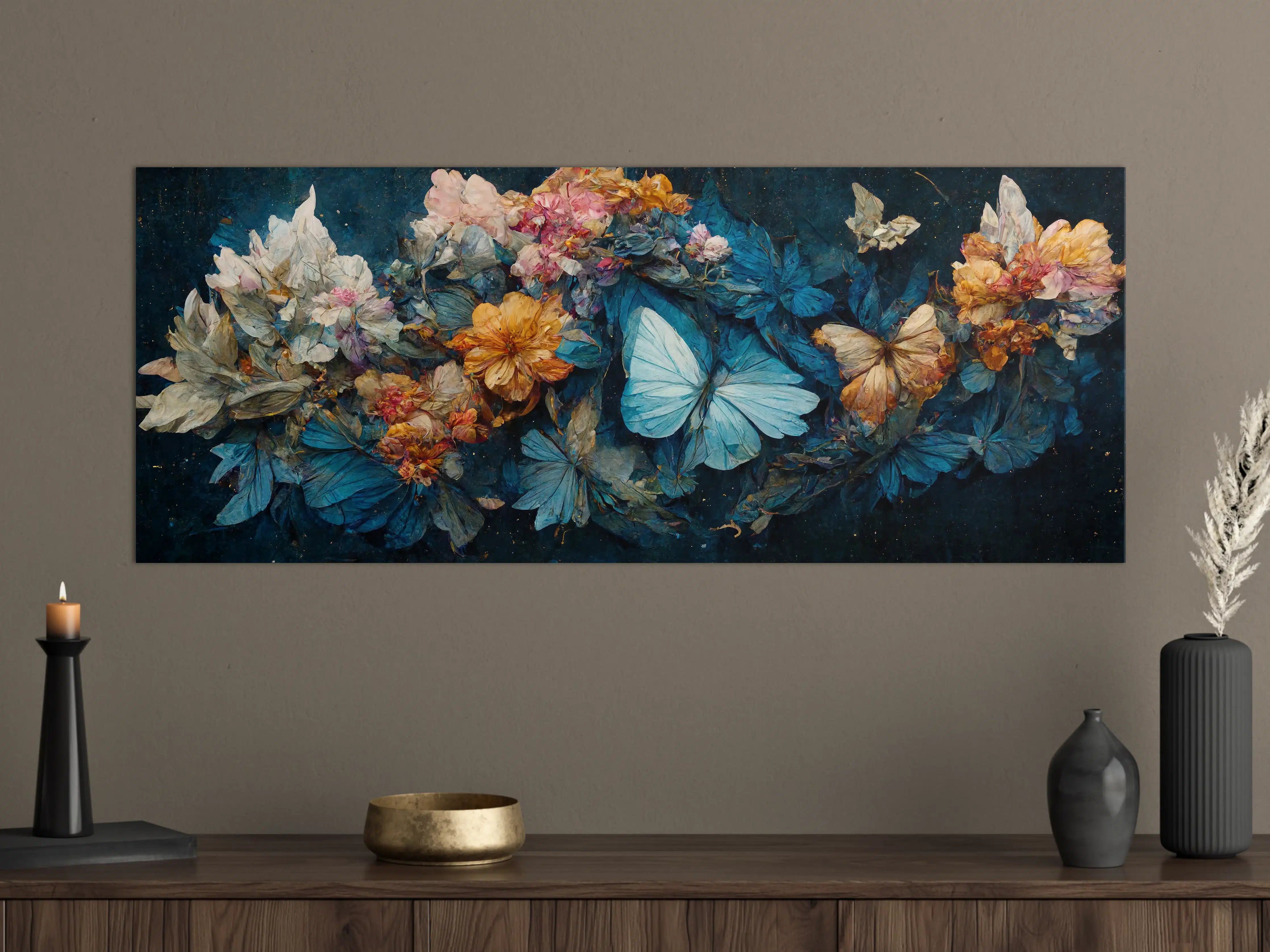 Große Wandbilder - Blühende Blumen und Schmetterlinge in Blau-Gelb