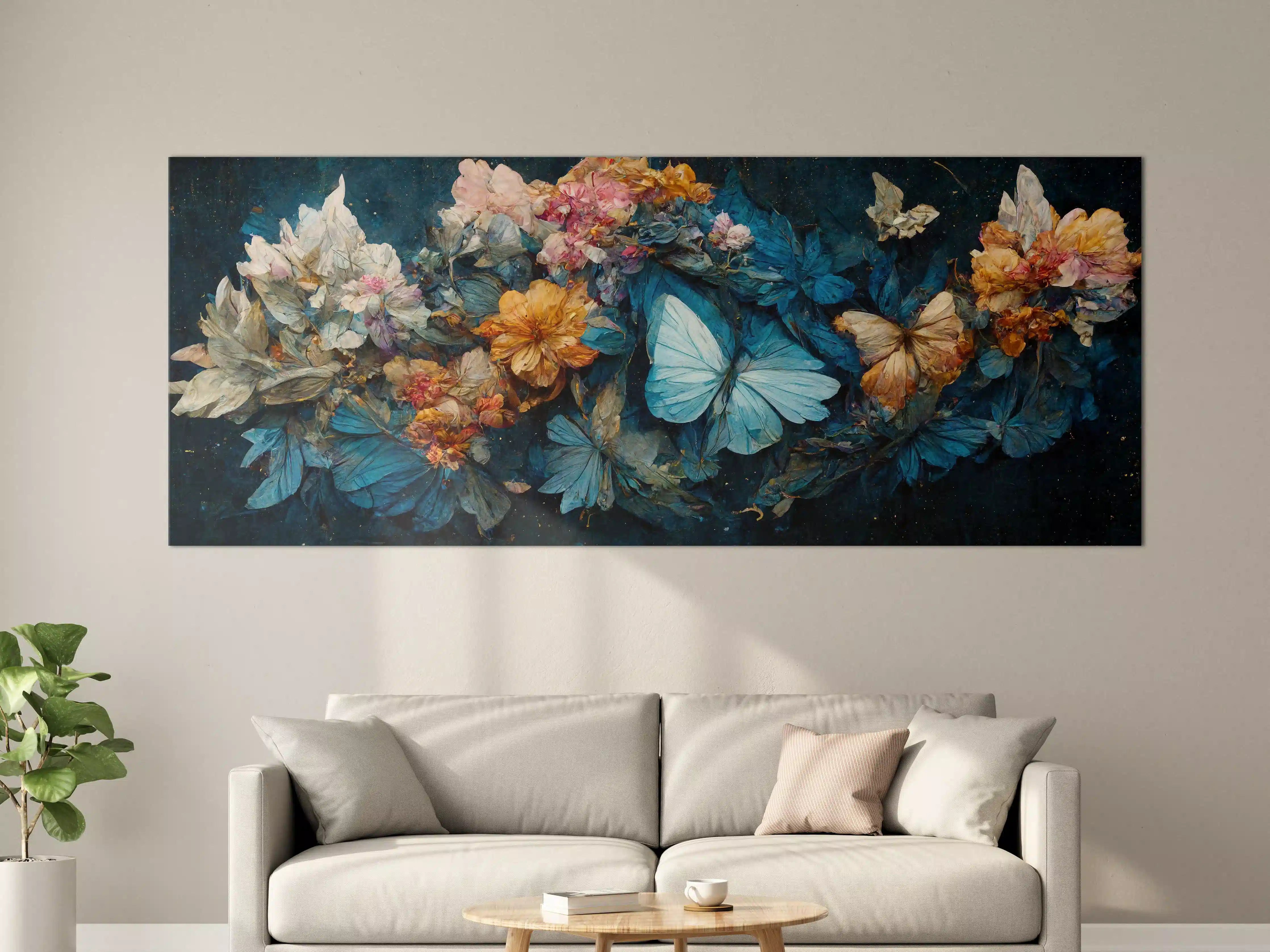 Große Wandbilder - Blühende Blumen und Schmetterlinge in Blau-Gelb