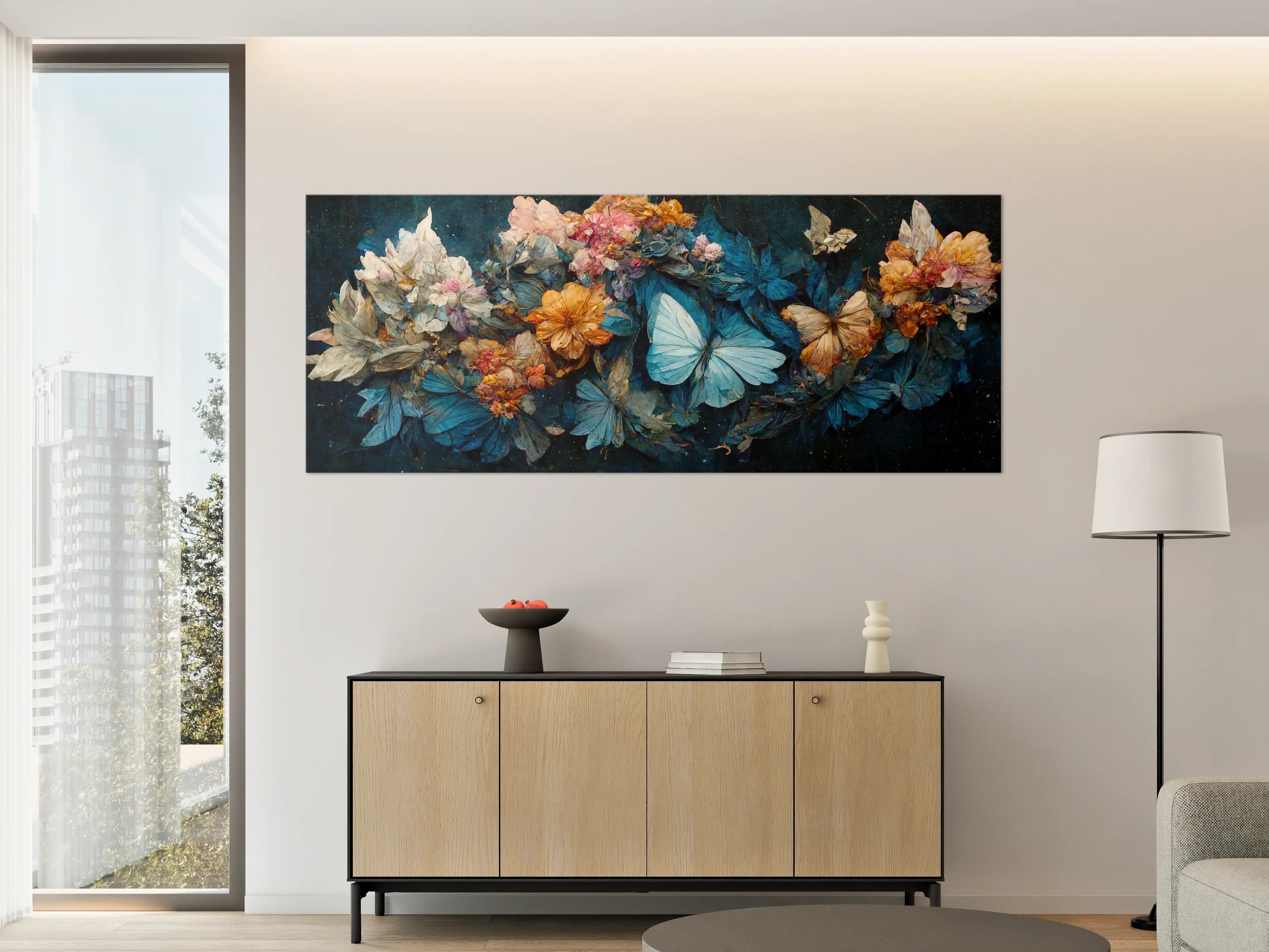 Große Wandbilder - Blühende Blumen und Schmetterlinge in Blau-Gelb