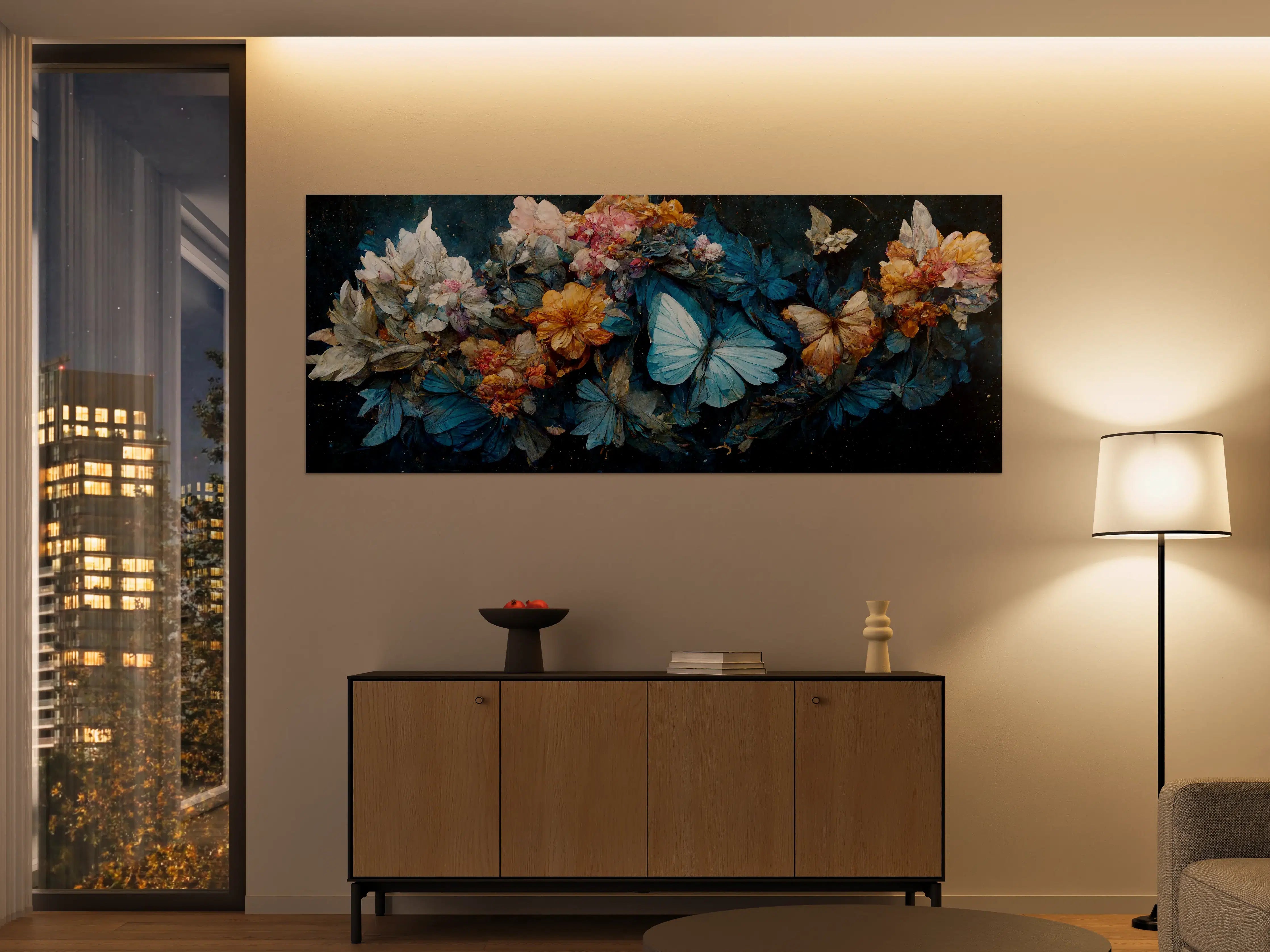 Große Wandbilder - Blühende Blumen und Schmetterlinge in Blau-Gelb