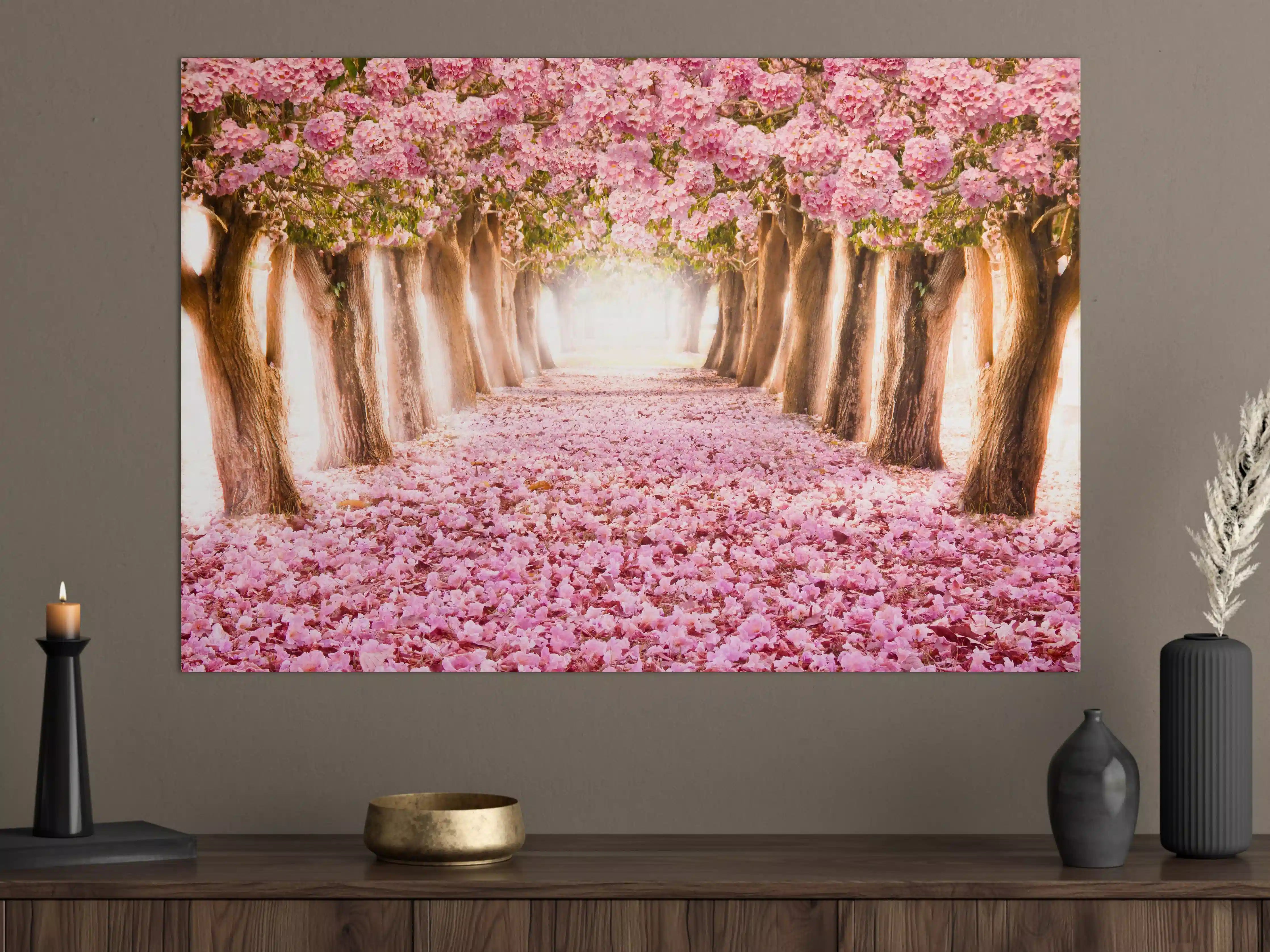 Große Wandbilder - Blühender Baumweg im Pinken Frühlingslicht