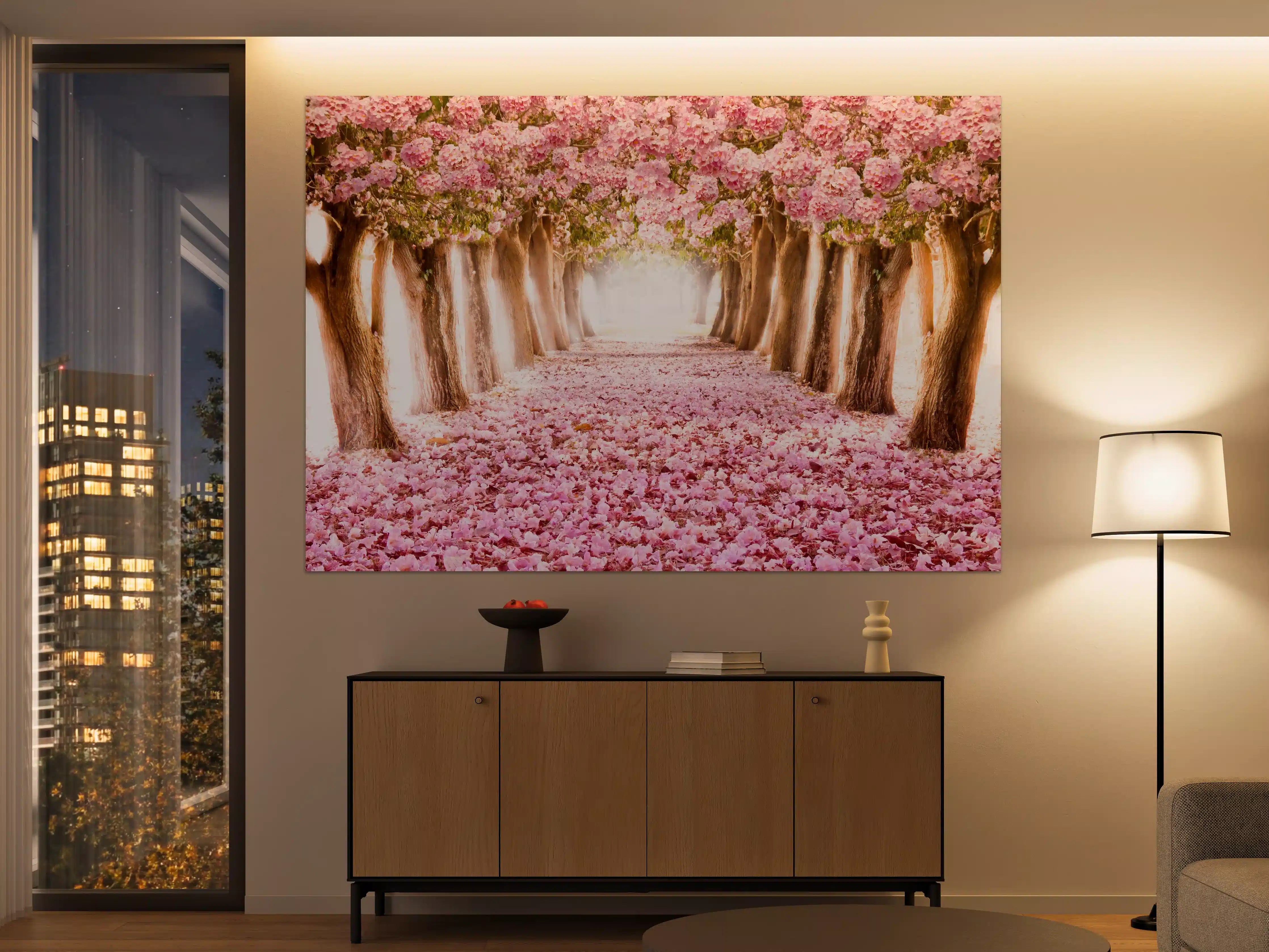 Große Wandbilder - Blühender Baumweg im Pinken Frühlingslicht