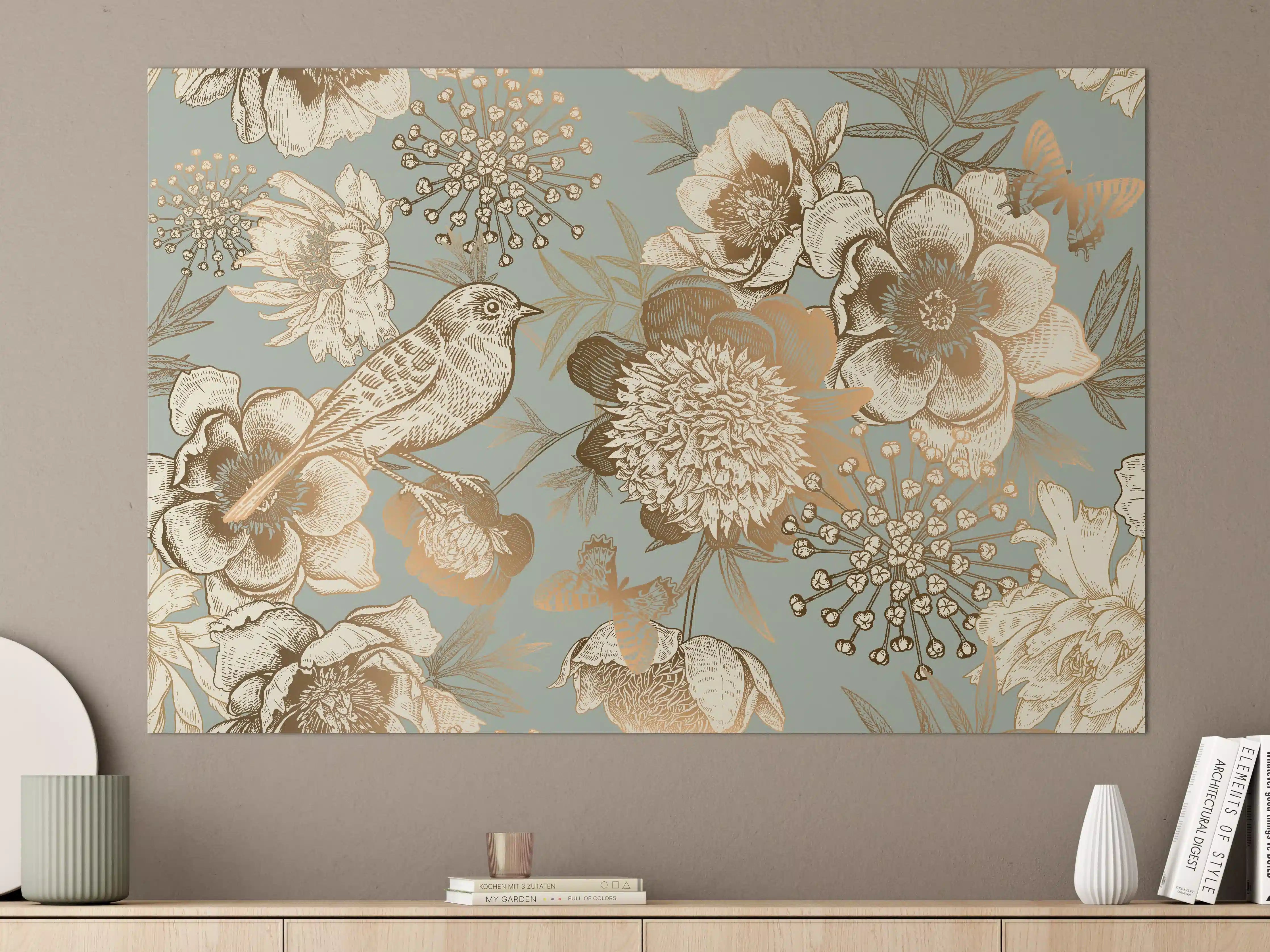 Große Wandbilder - Blumen- und Vogelmotiv mit warmen Tönen