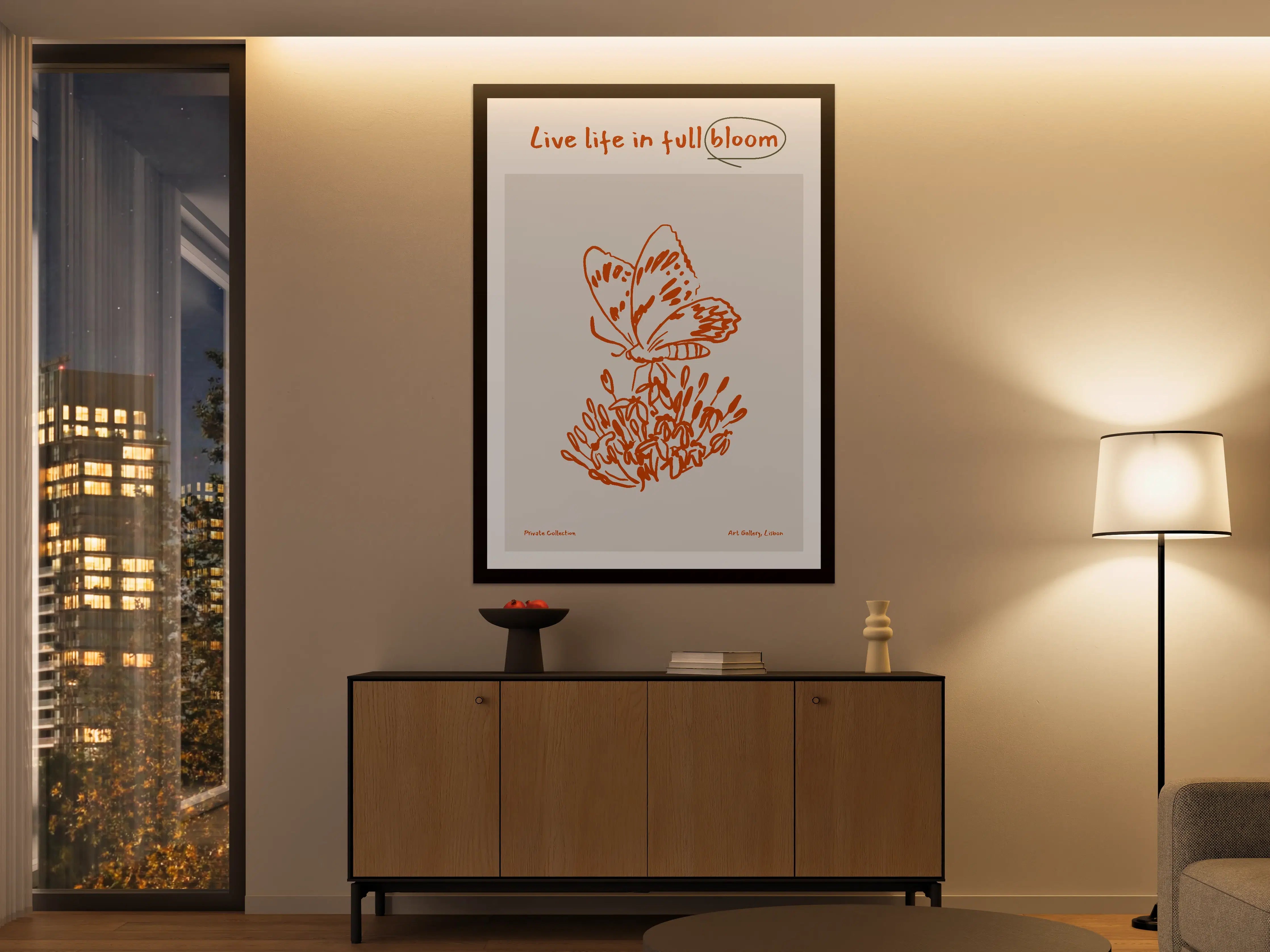 Große Wandbilder - Blumen und Schmetterling in warmen Orangetönen