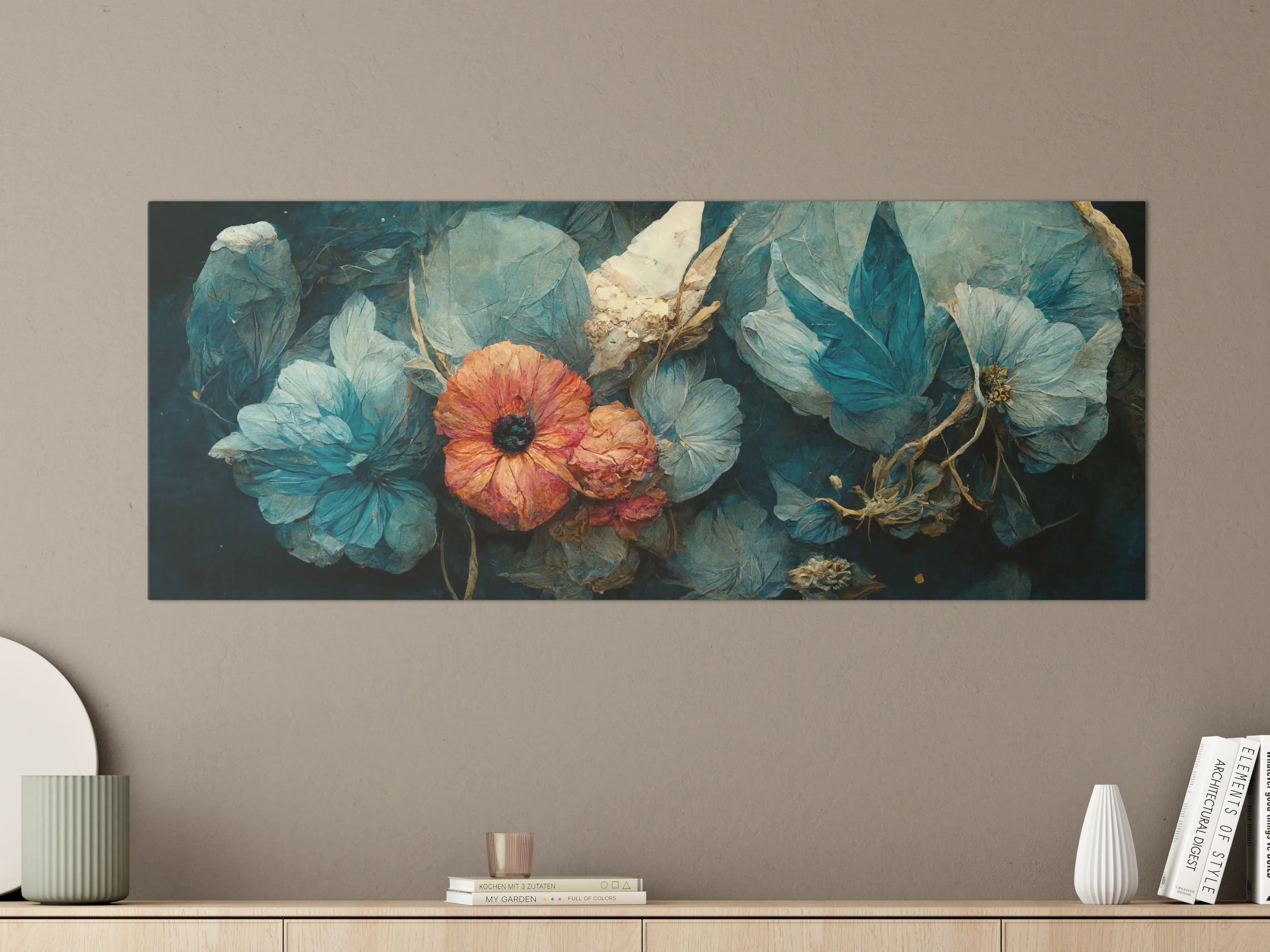 Große Wandbilder - Blumen und Texturen in Blau und Koralle