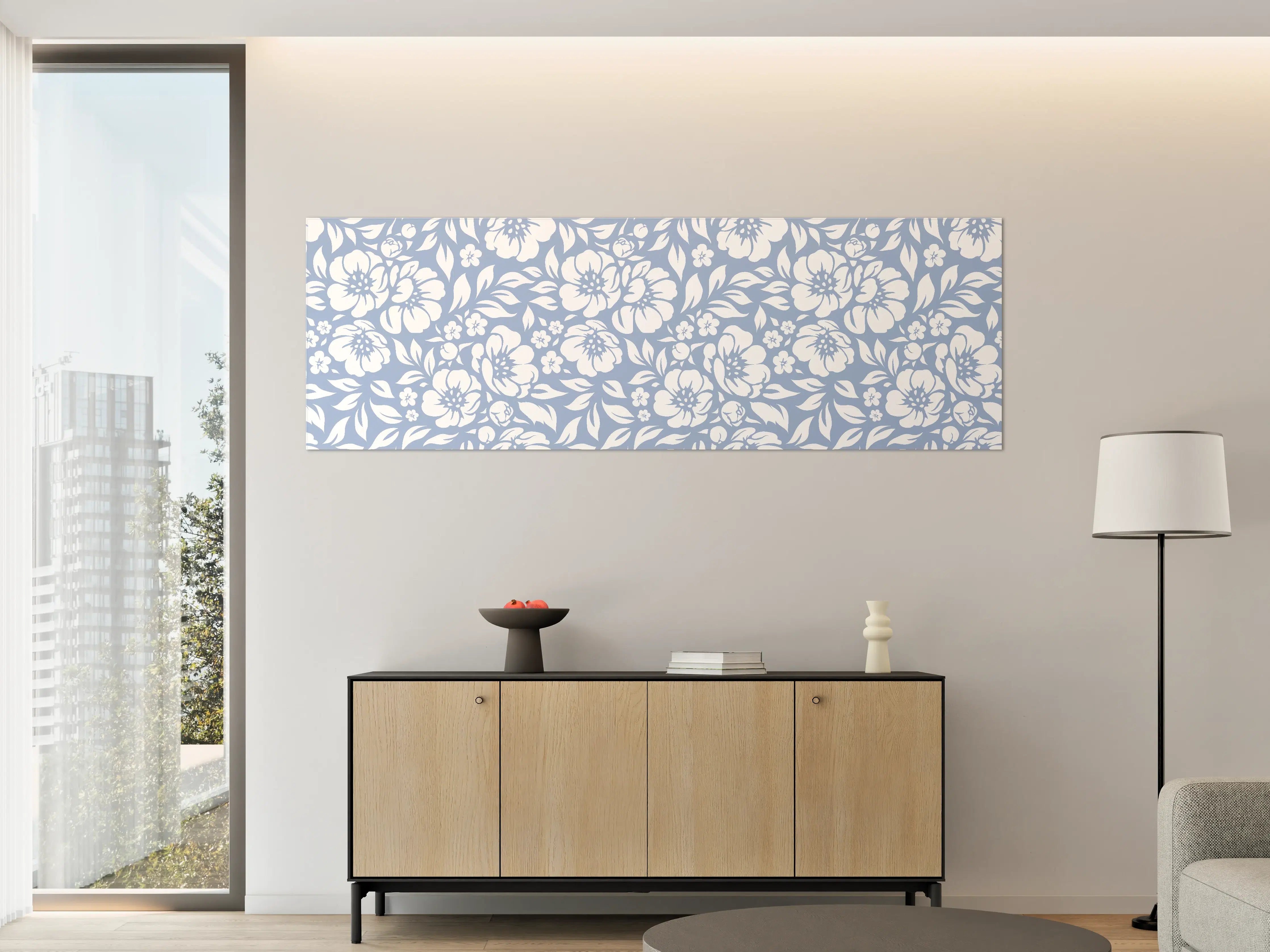 Große Wandbilder - Blumendesign in zartem Blau-Weiß