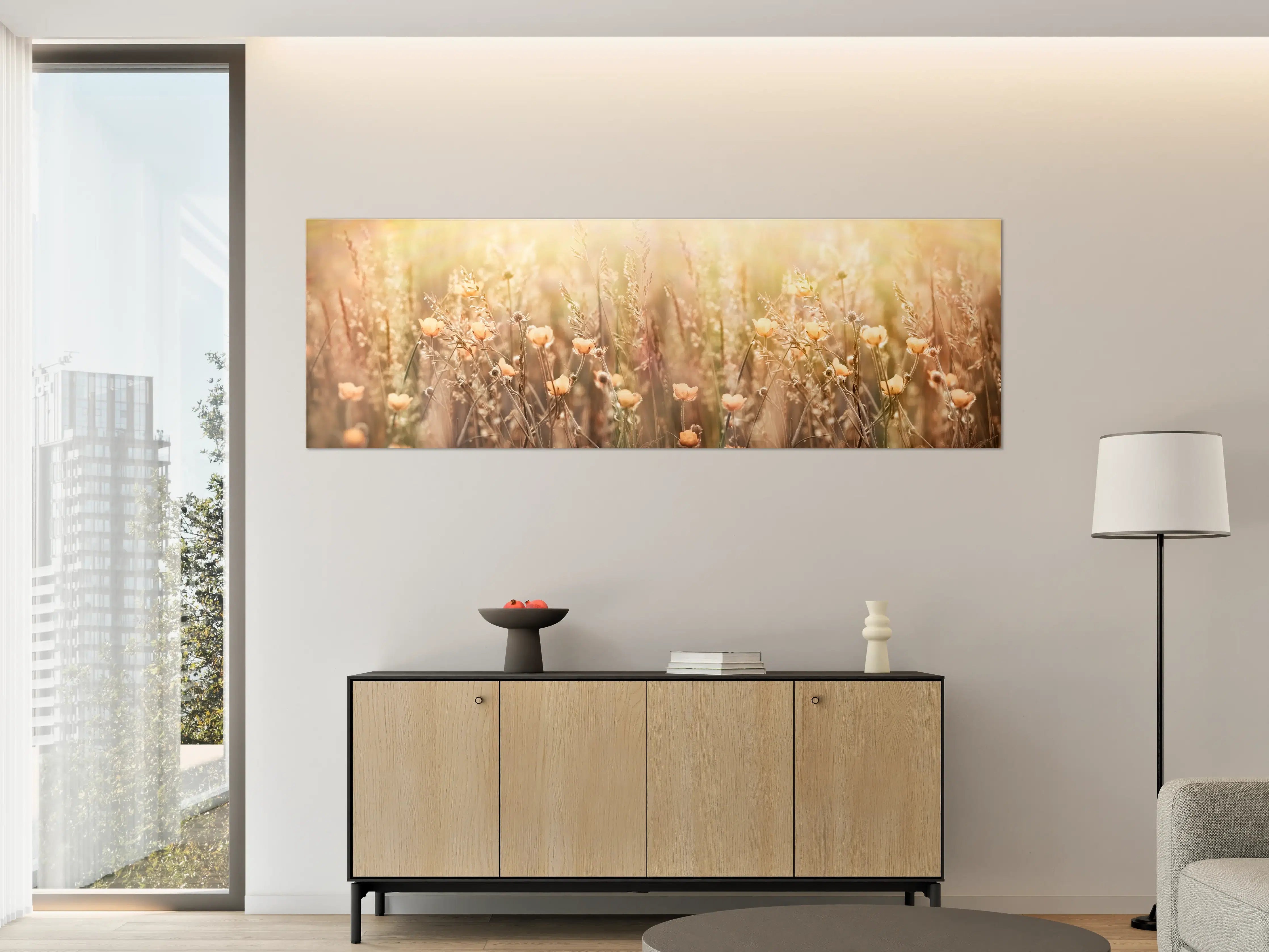 Große Wandbilder - Blumenfeld mit Sonnenstrahlen