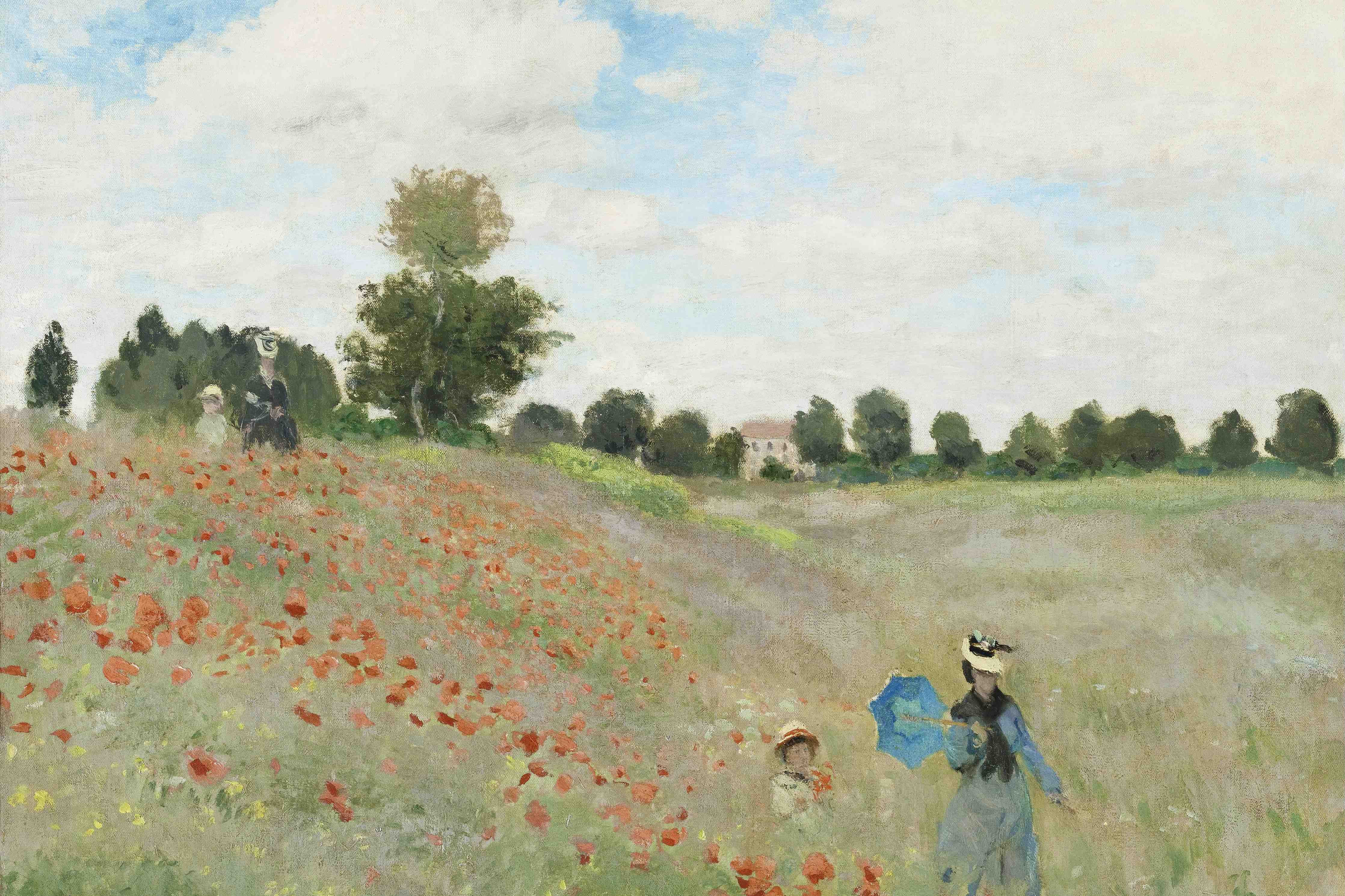 Große Wandbilder-Blumenfeld mit Spaziergängern bei Sonnenschein