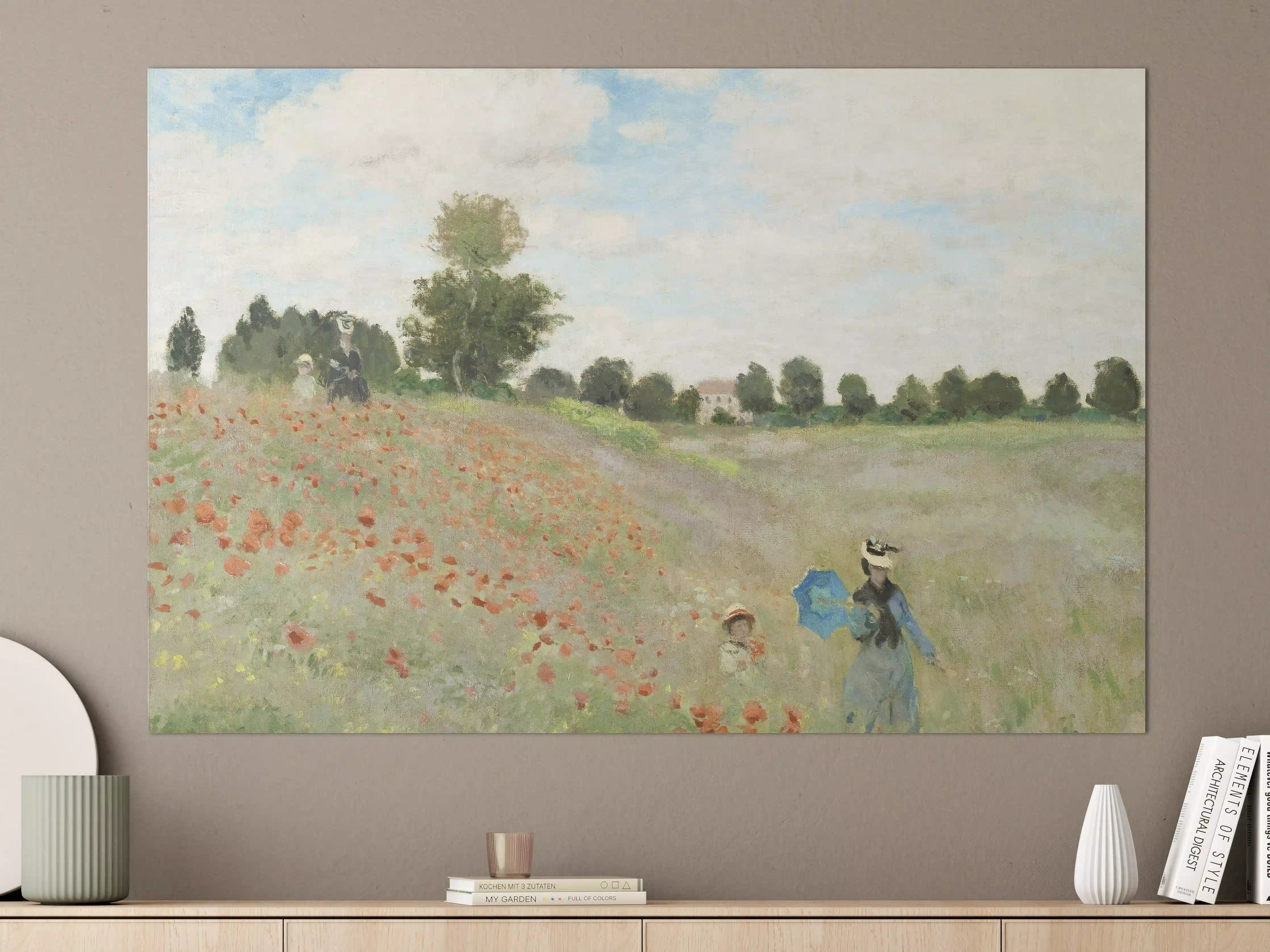 Große Wandbilder - Blumenfeld mit Spaziergängern bei Sonnenschein