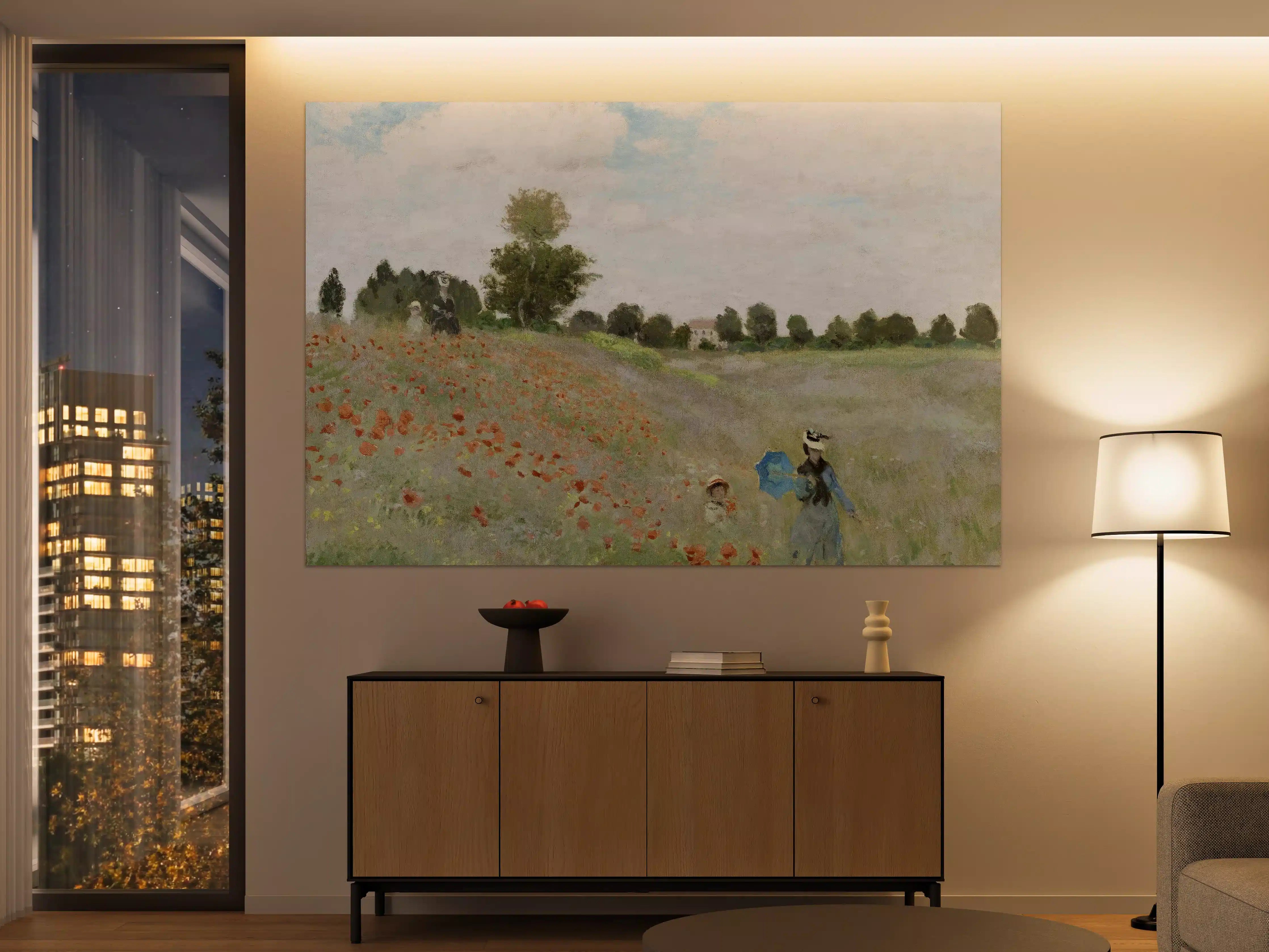 Große Wandbilder - Blumenfeld mit Spaziergängern bei Sonnenschein