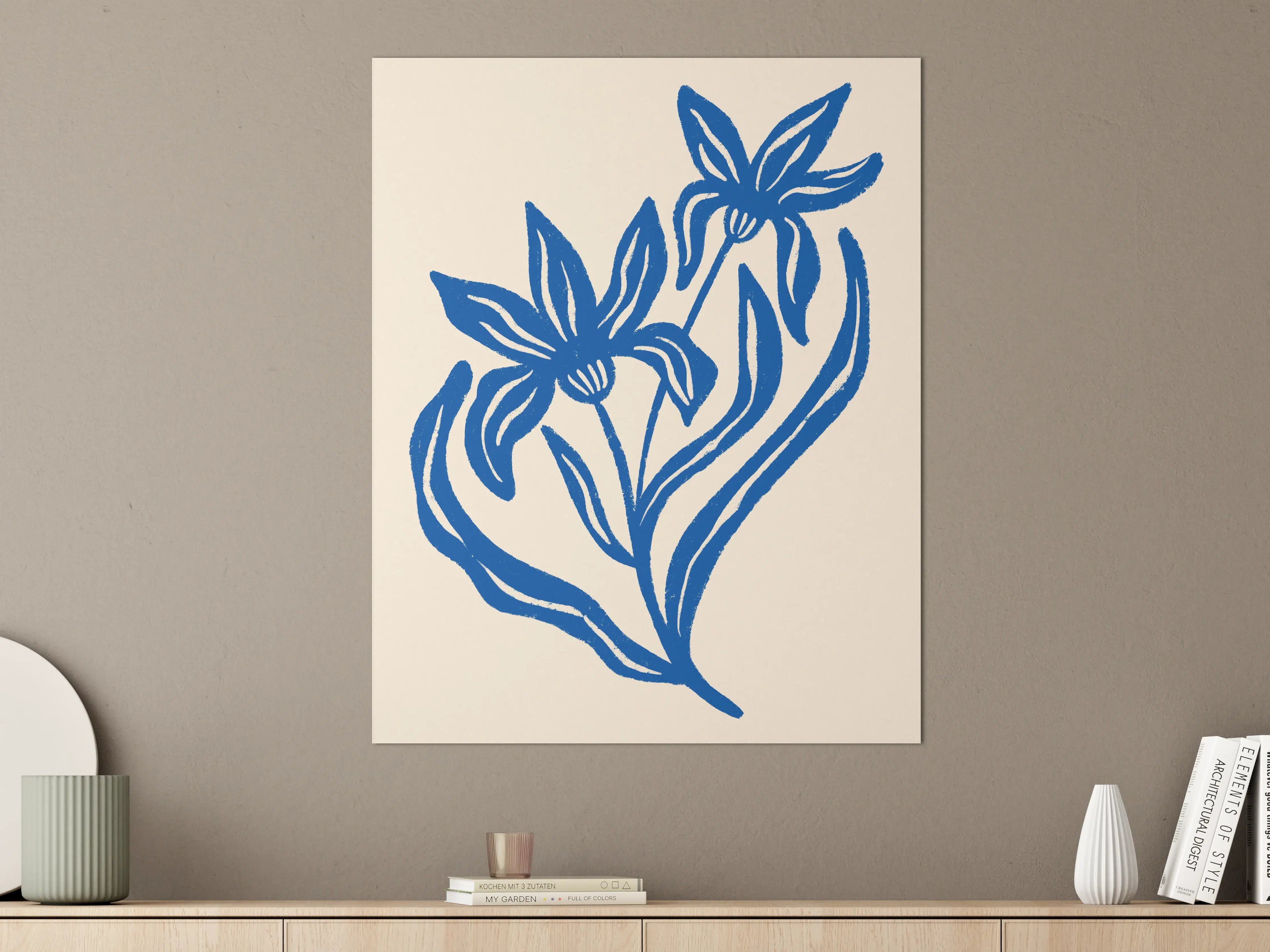 Große Wandbilder - Blumenillustration in Blau auf Creme