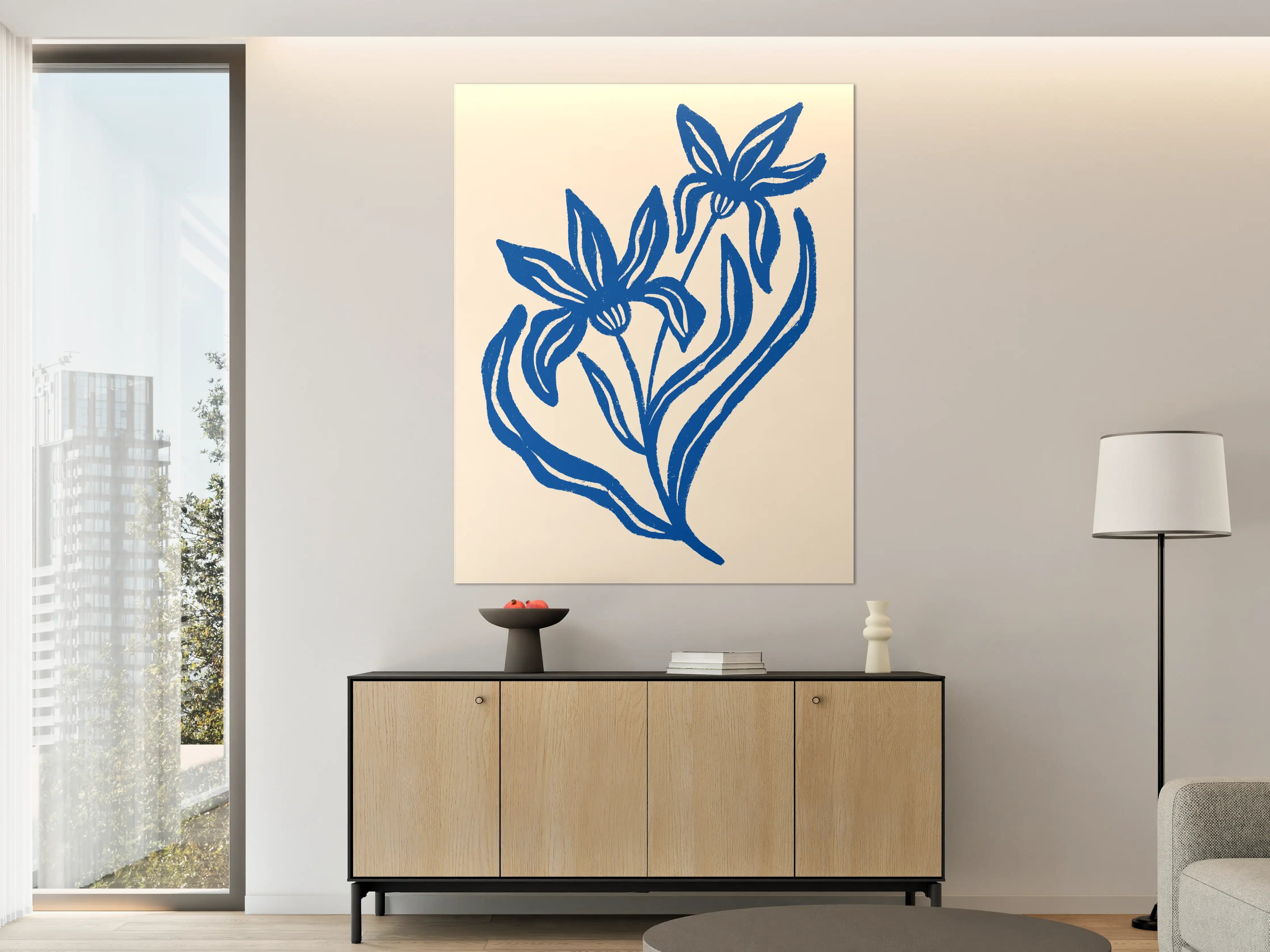 Große Wandbilder - Blumenillustration in Blau auf Creme