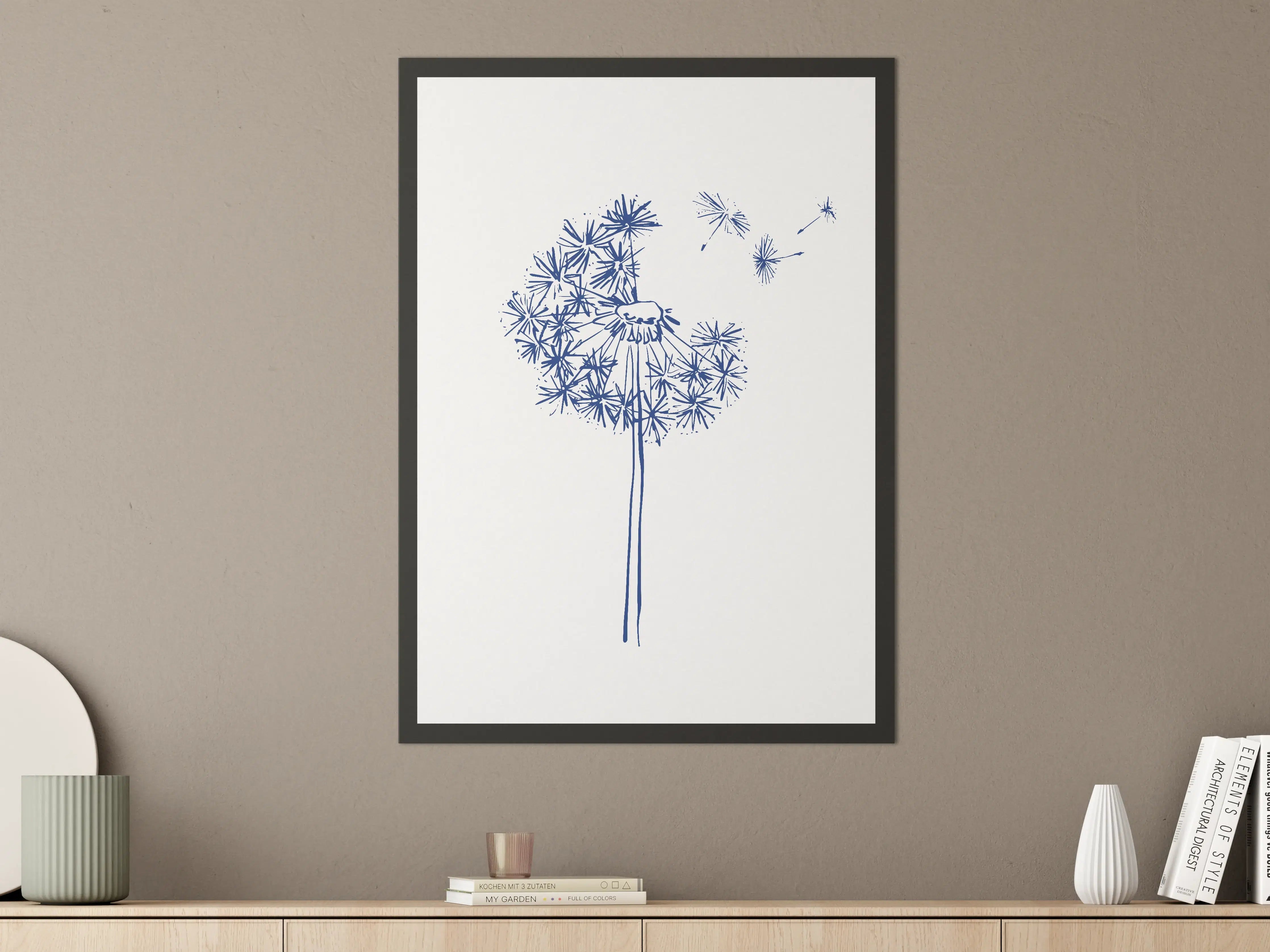 Große Wandbilder - Blumenillustration in Blau auf Weißem Hintergrund