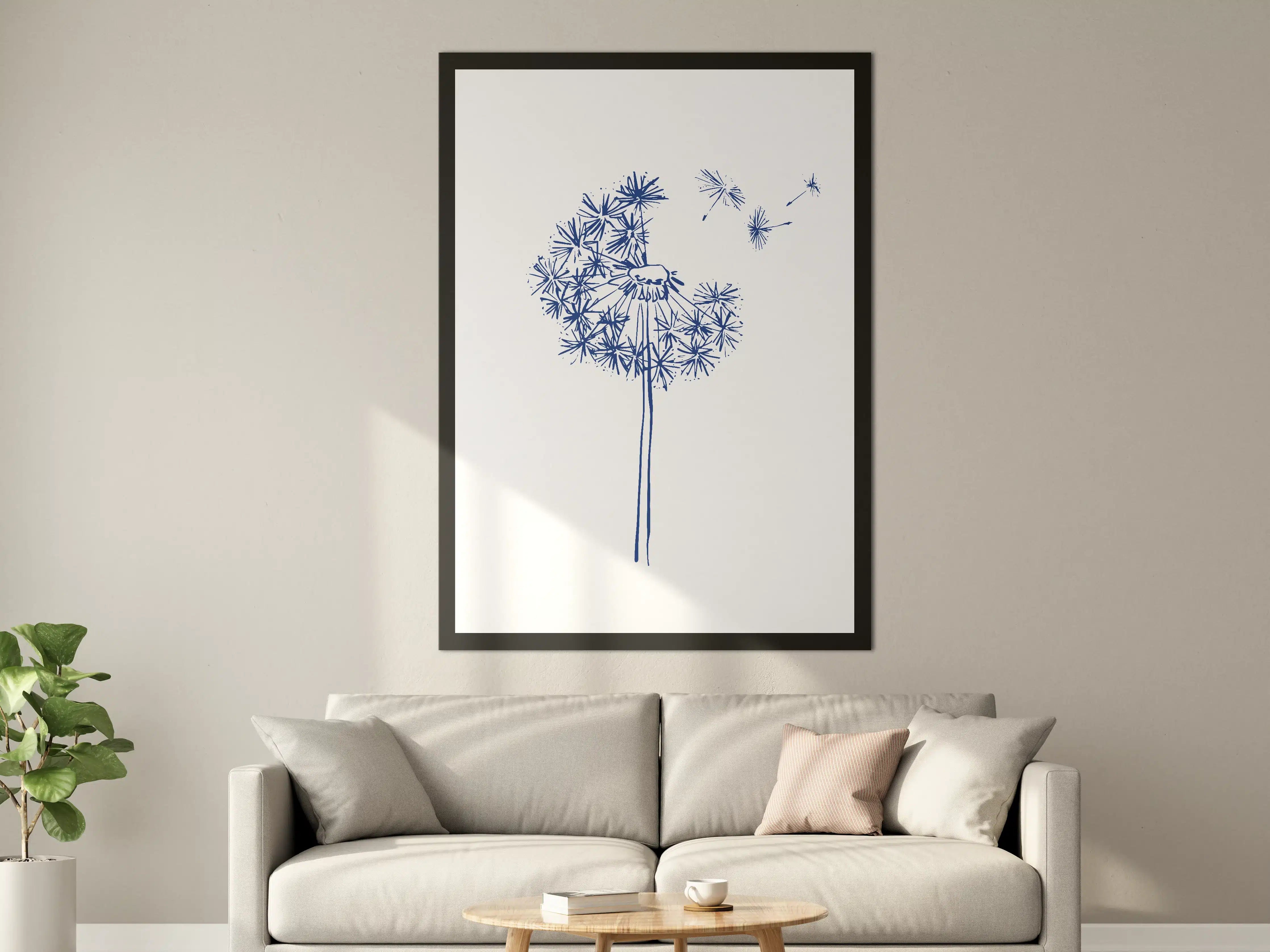 Große Wandbilder - Blumenillustration in Blau auf Weißem Hintergrund