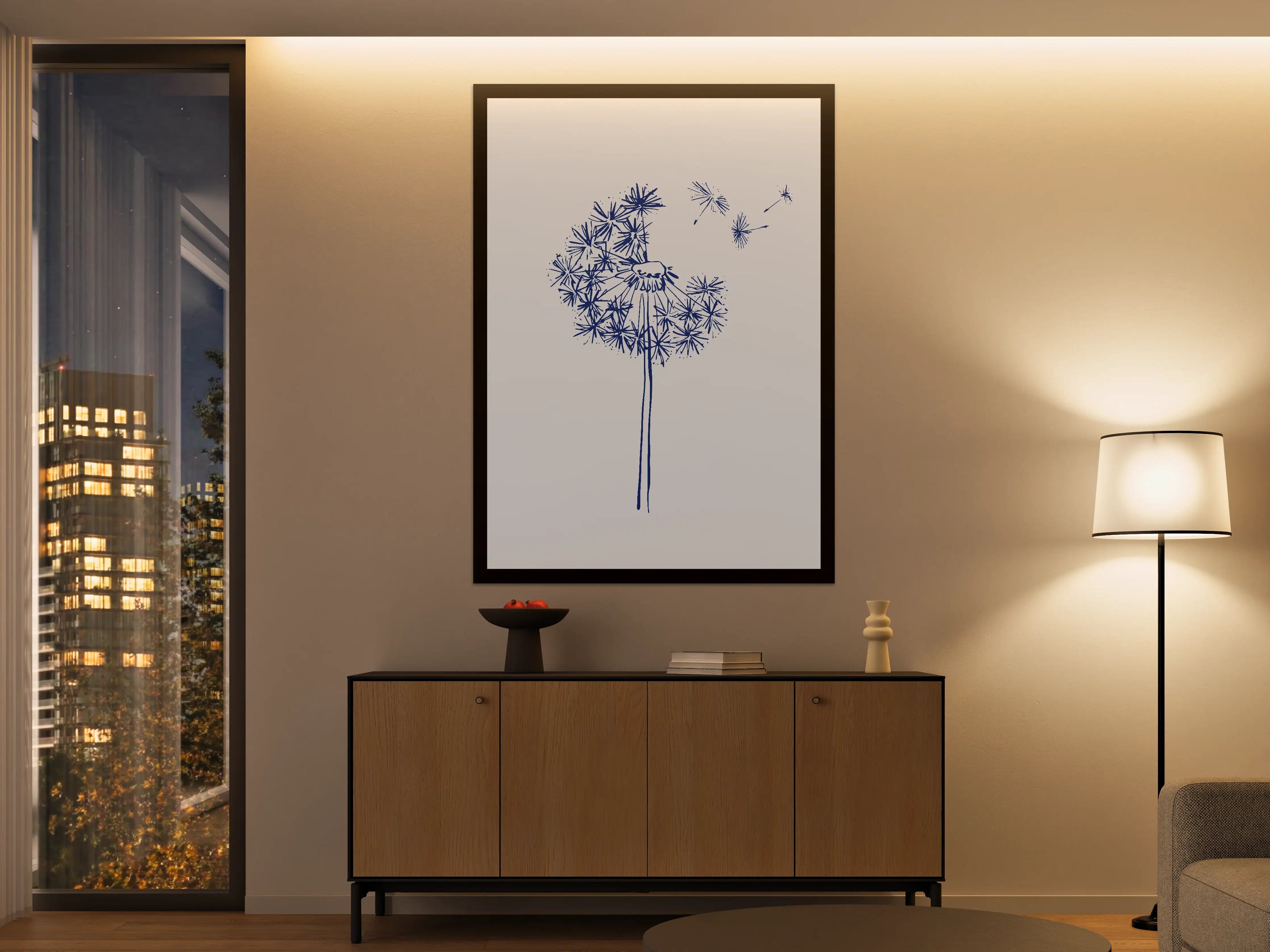 Große Wandbilder - Blumenillustration in Blau auf Weißem Hintergrund