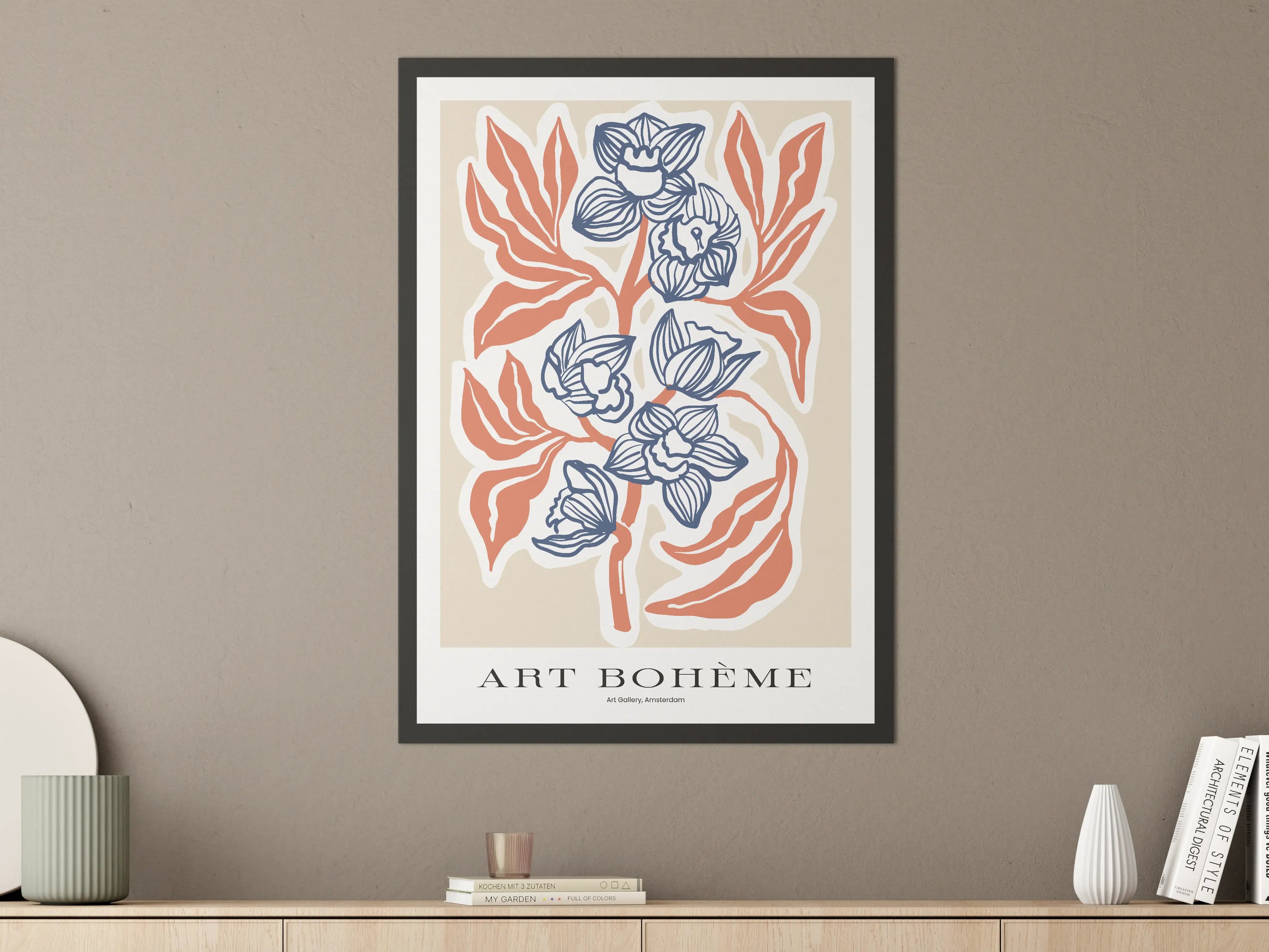 Große Wandbilder - Blumenillustration in Blau und Orange