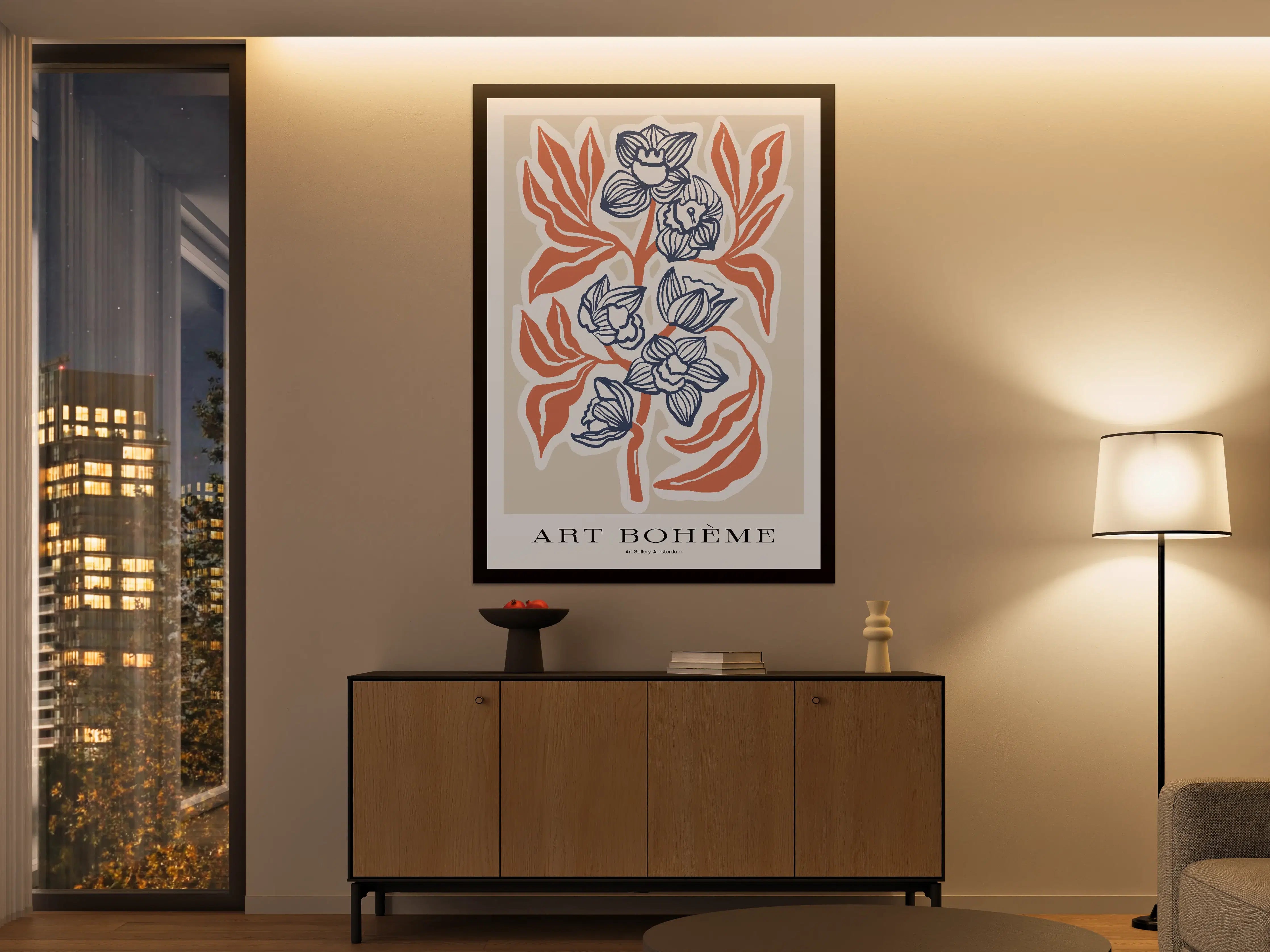 Große Wandbilder - Blumenillustration in Blau und Orange
