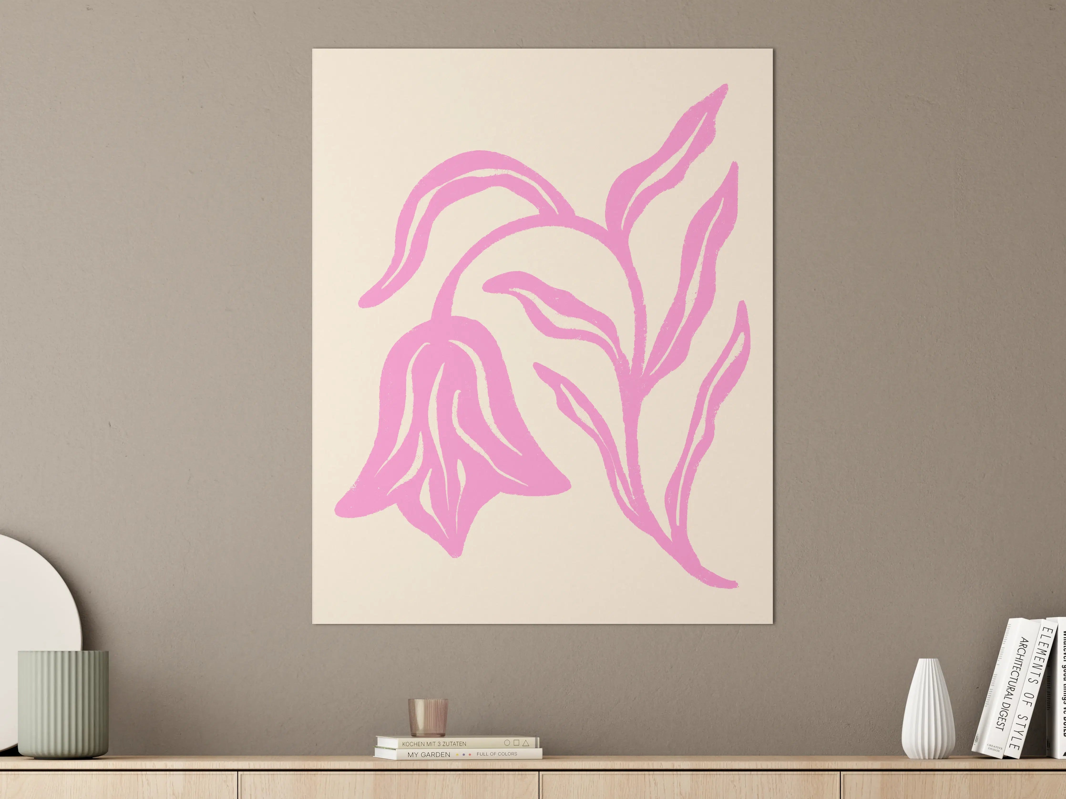 Große Wandbilder - Blumenillustration in Pink auf cremefarbenem Hintergrund